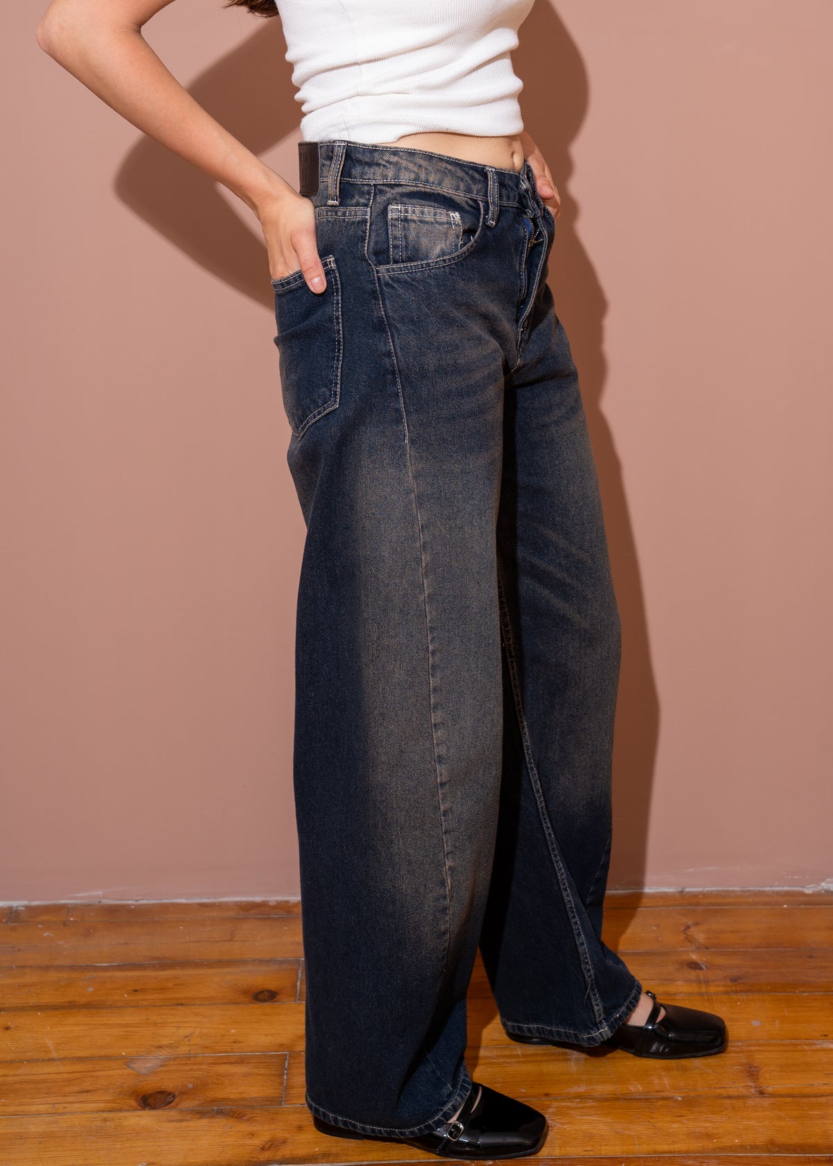 asymmetric wide jeans