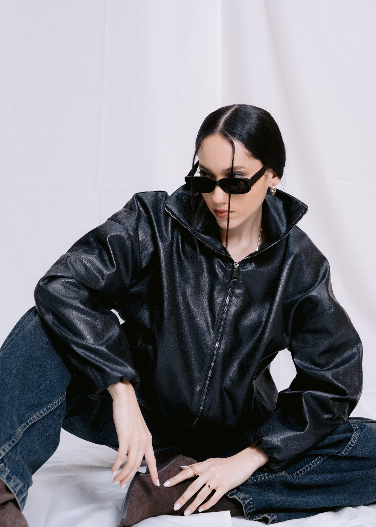 Stand Collar Leather Jacket - Black