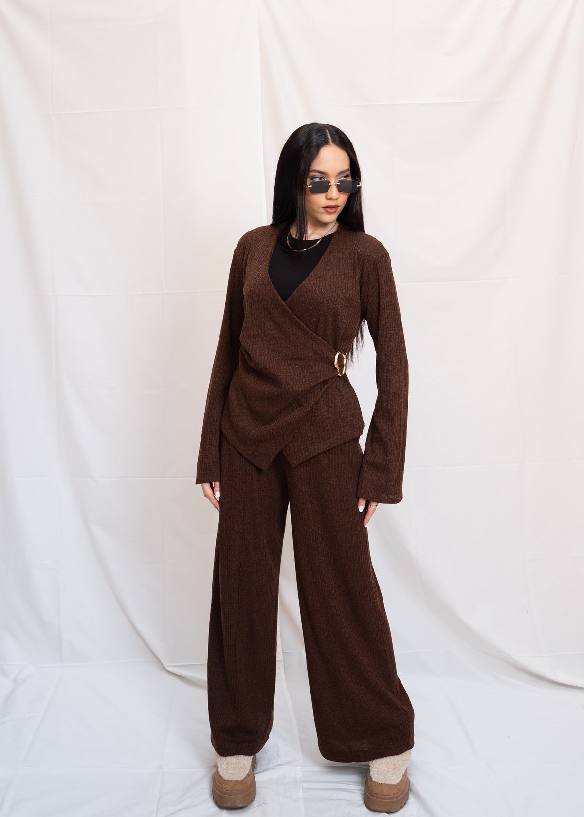 Jersey Set With Flared Sleeve - Brown
