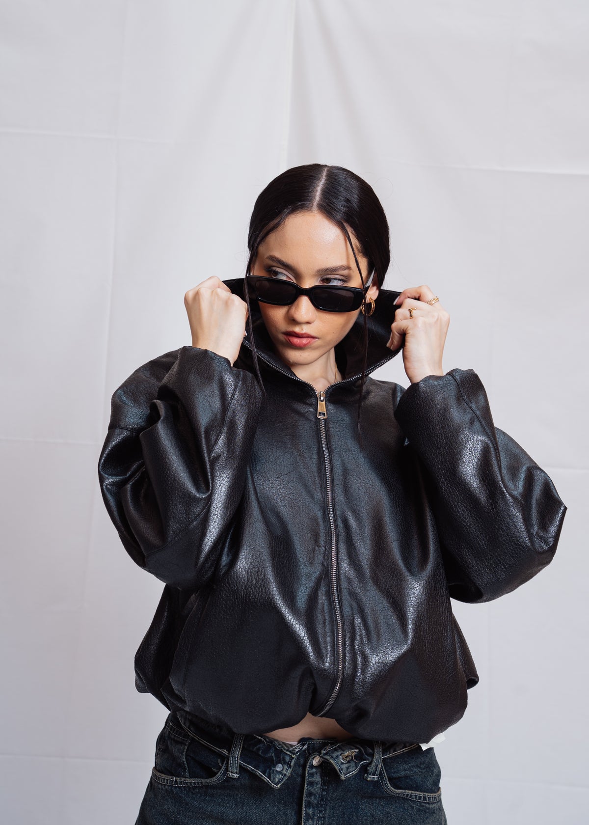 Stand Collar Leather Jacket - Black
