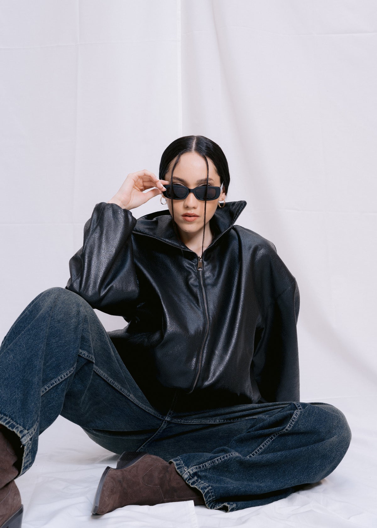 Stand Collar Leather Jacket - Black