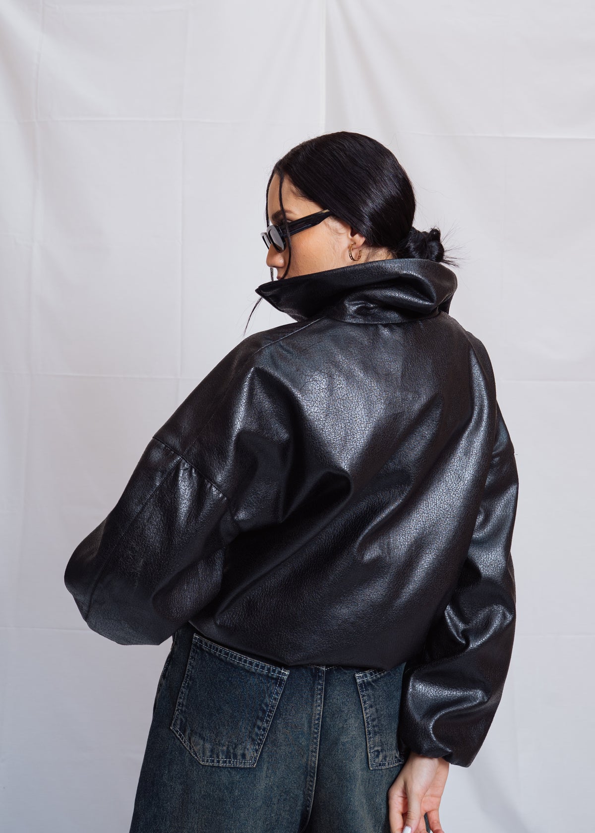 Stand Collar Leather Jacket - Black