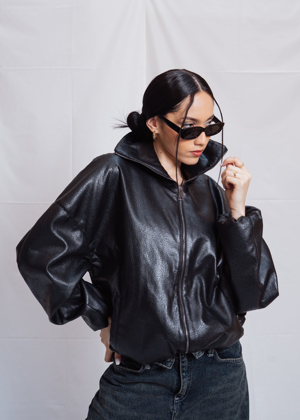 Stand Collar Leather Jacket - Black