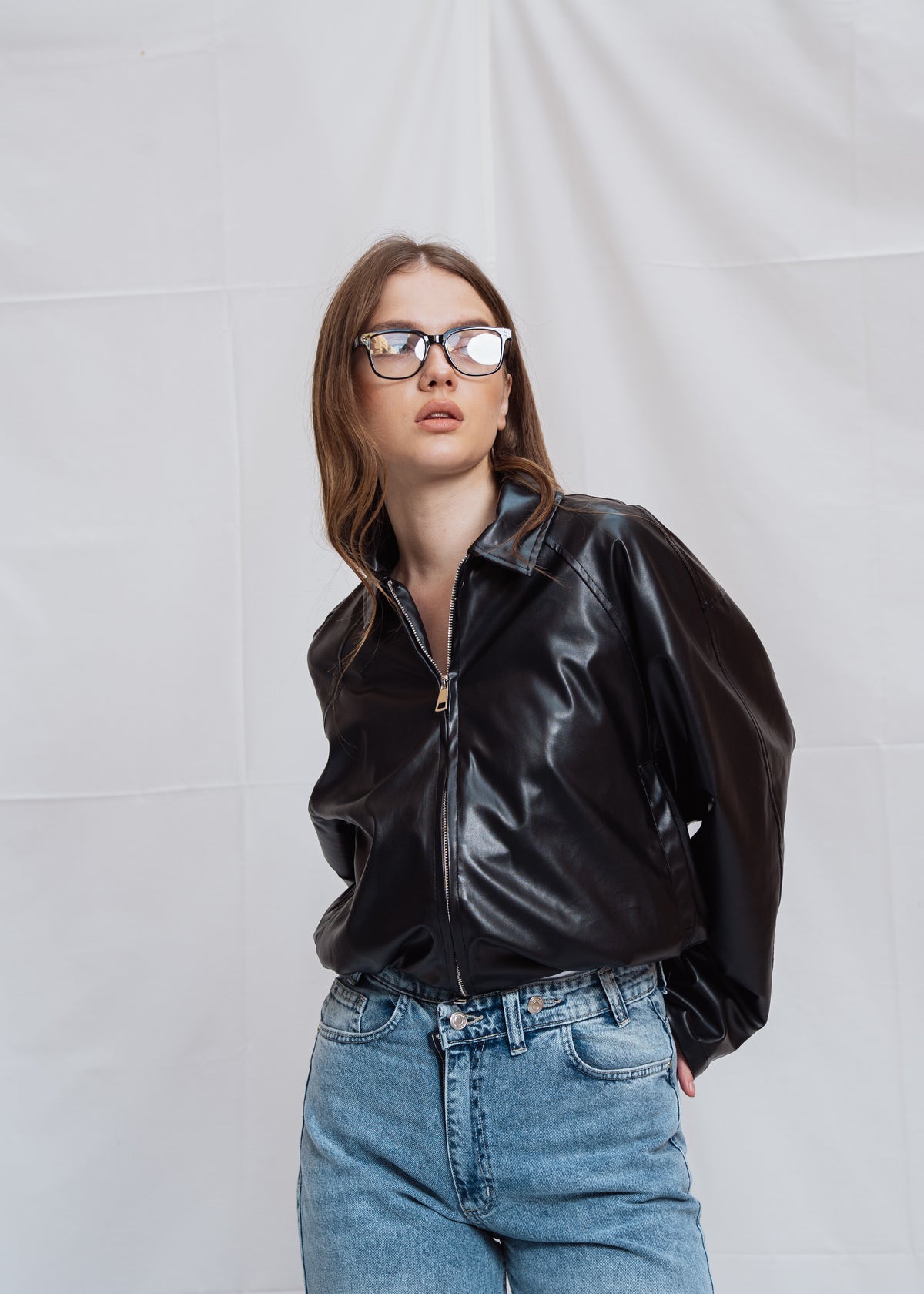Stand Collar Leather Jacket - Black