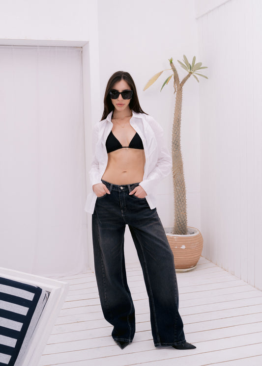 asymmetric wide jeans