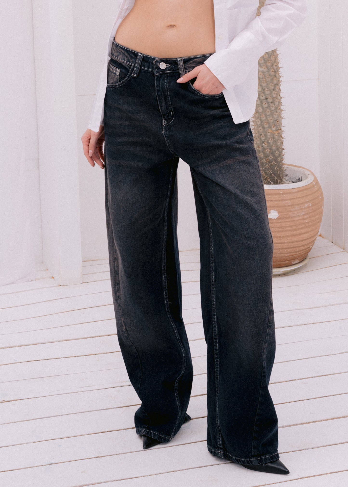 asymmetric wide jeans