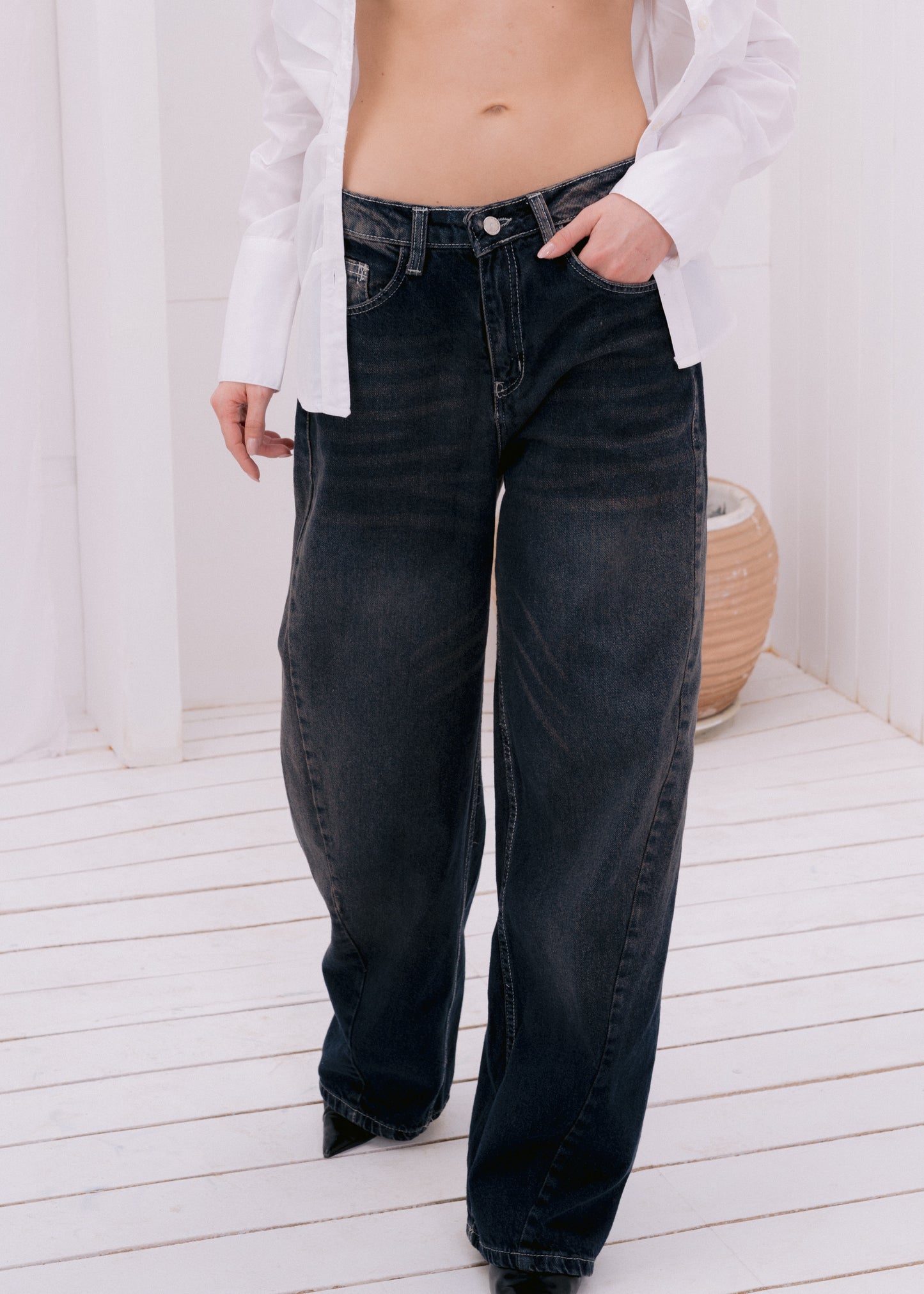 asymmetric wide jeans