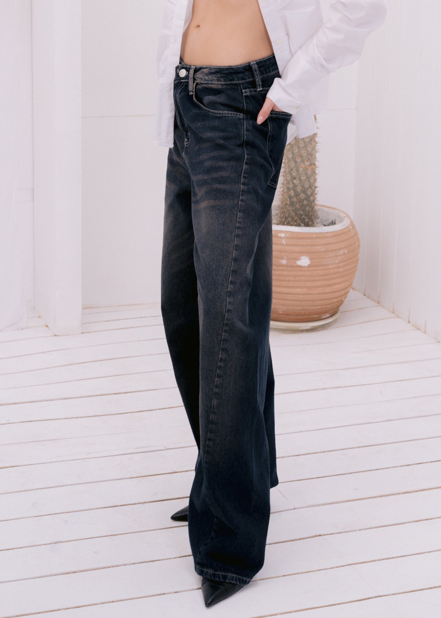 asymmetric wide jeans