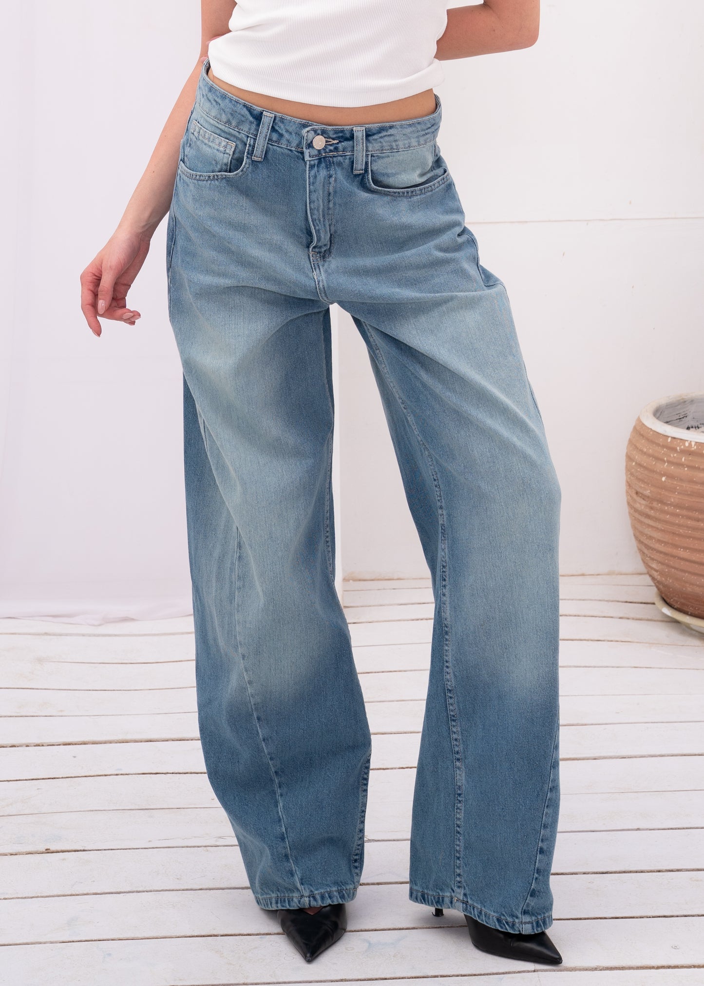 asymmetric wide jeans