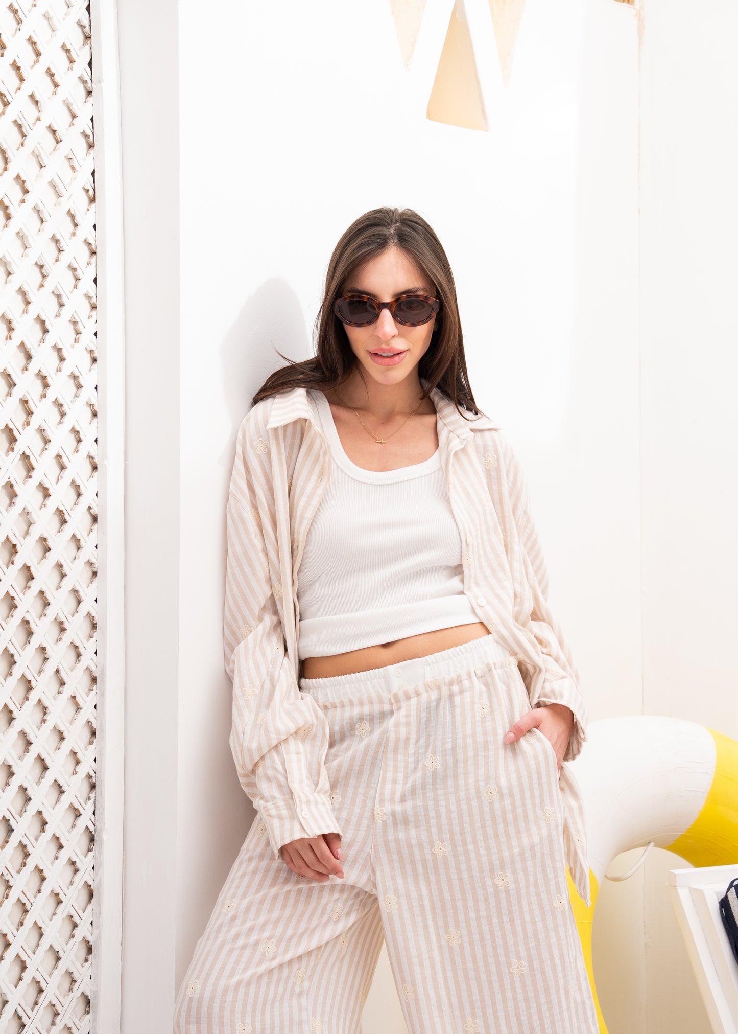 linen stripe set with embriodery