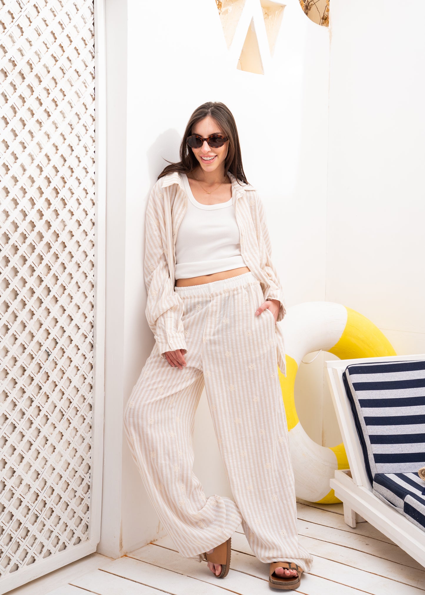 linen stripe set with embriodery