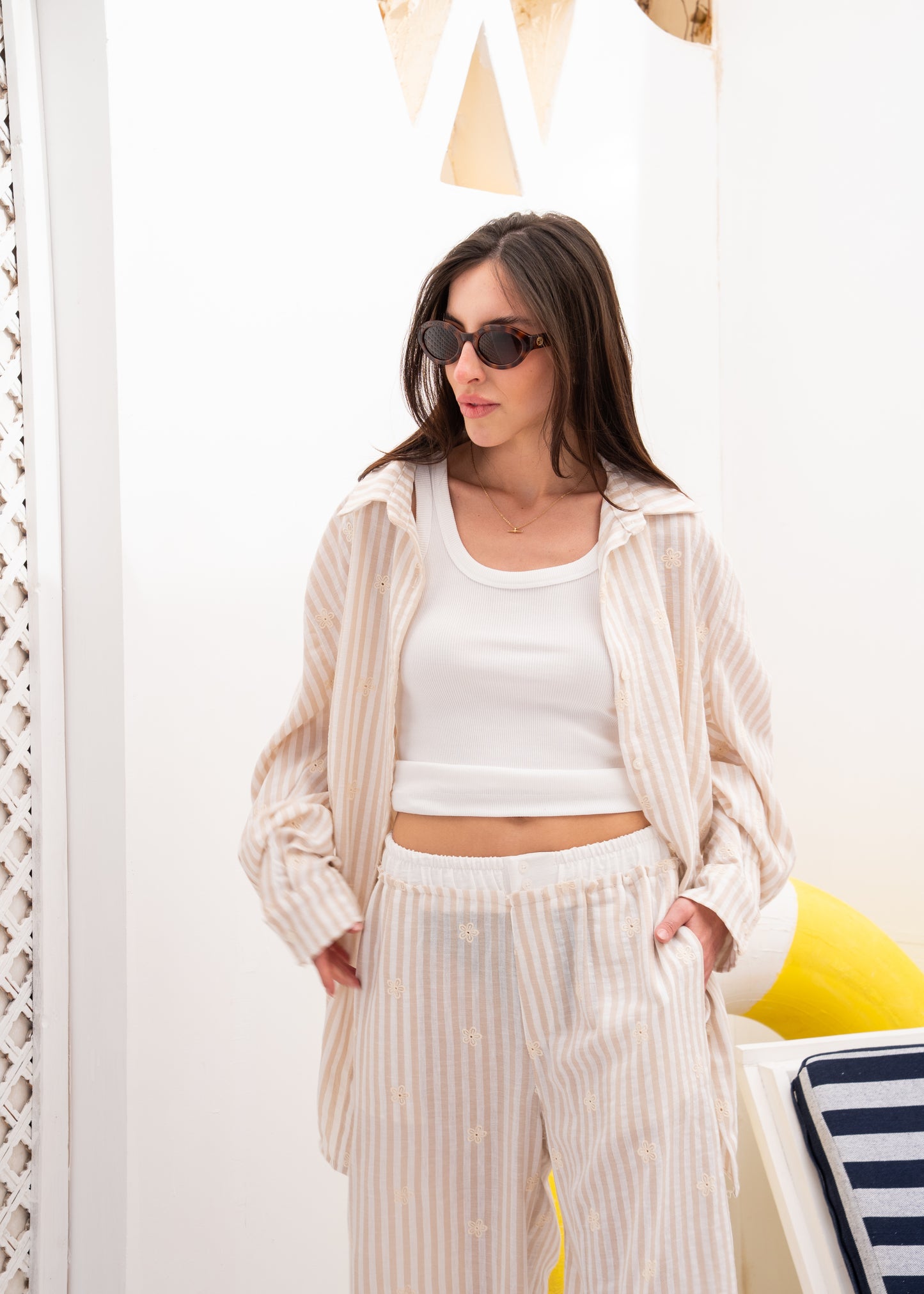 linen stripe set with embriodery