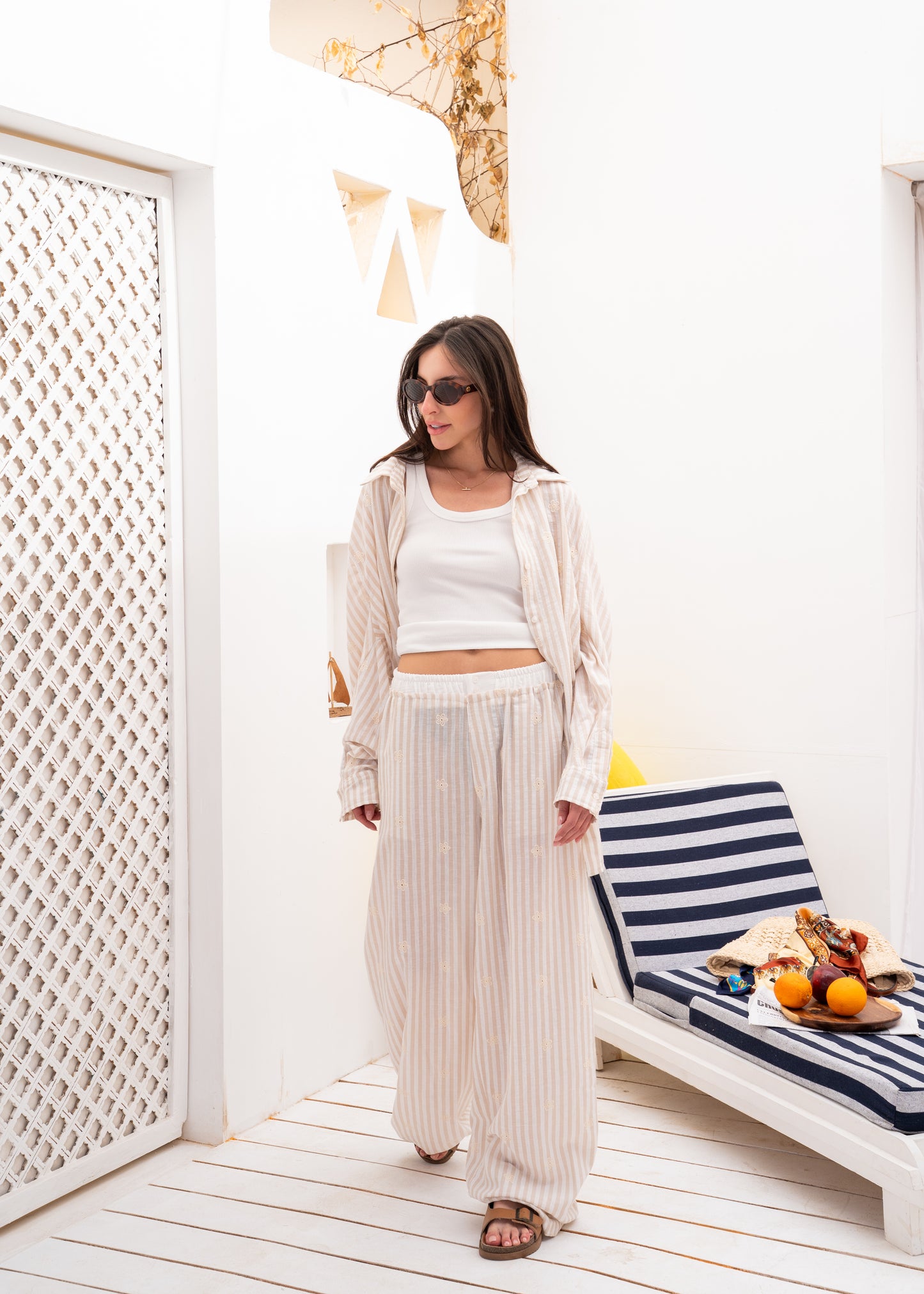 linen stripe set with embriodery