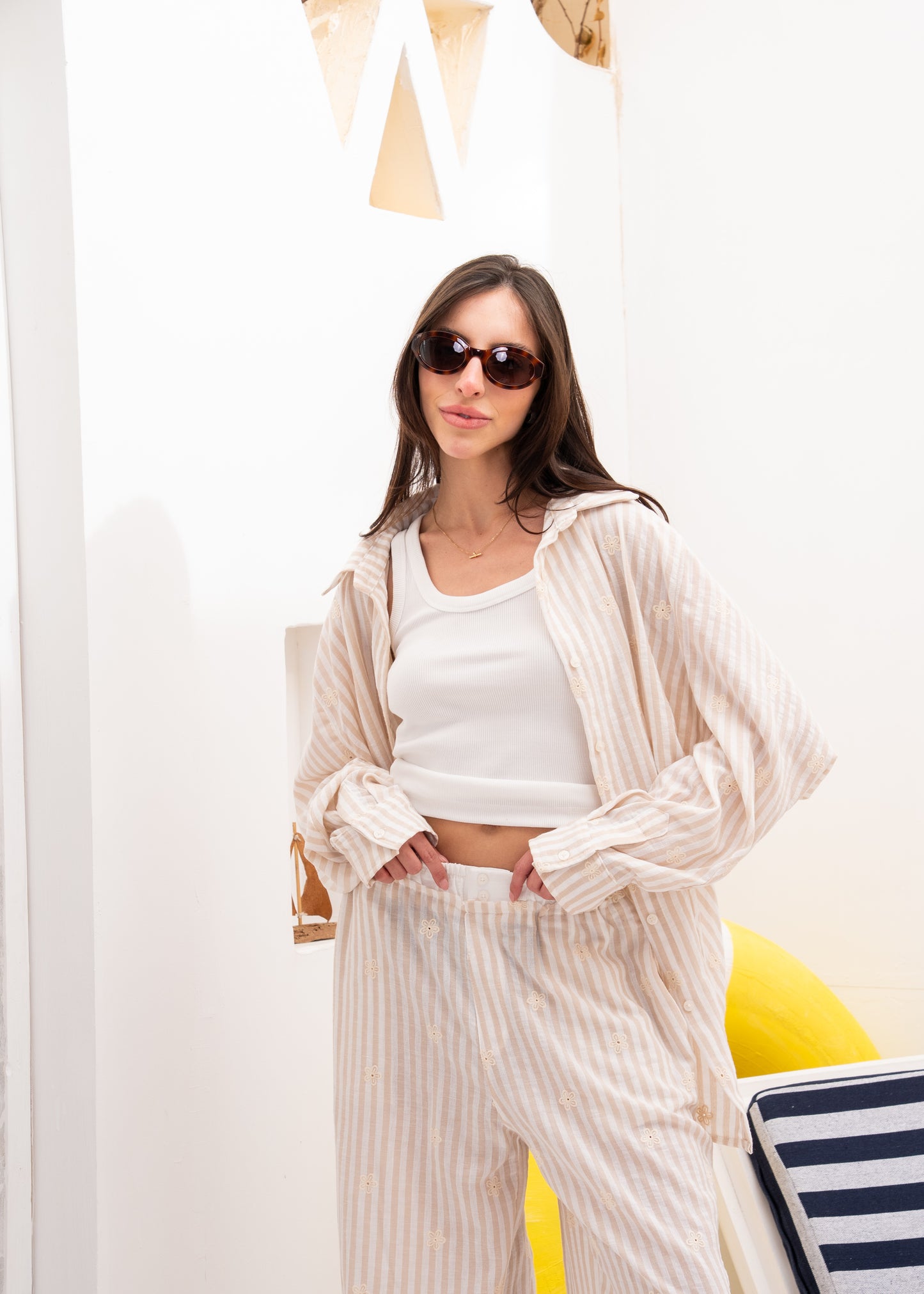 linen stripe set with embriodery