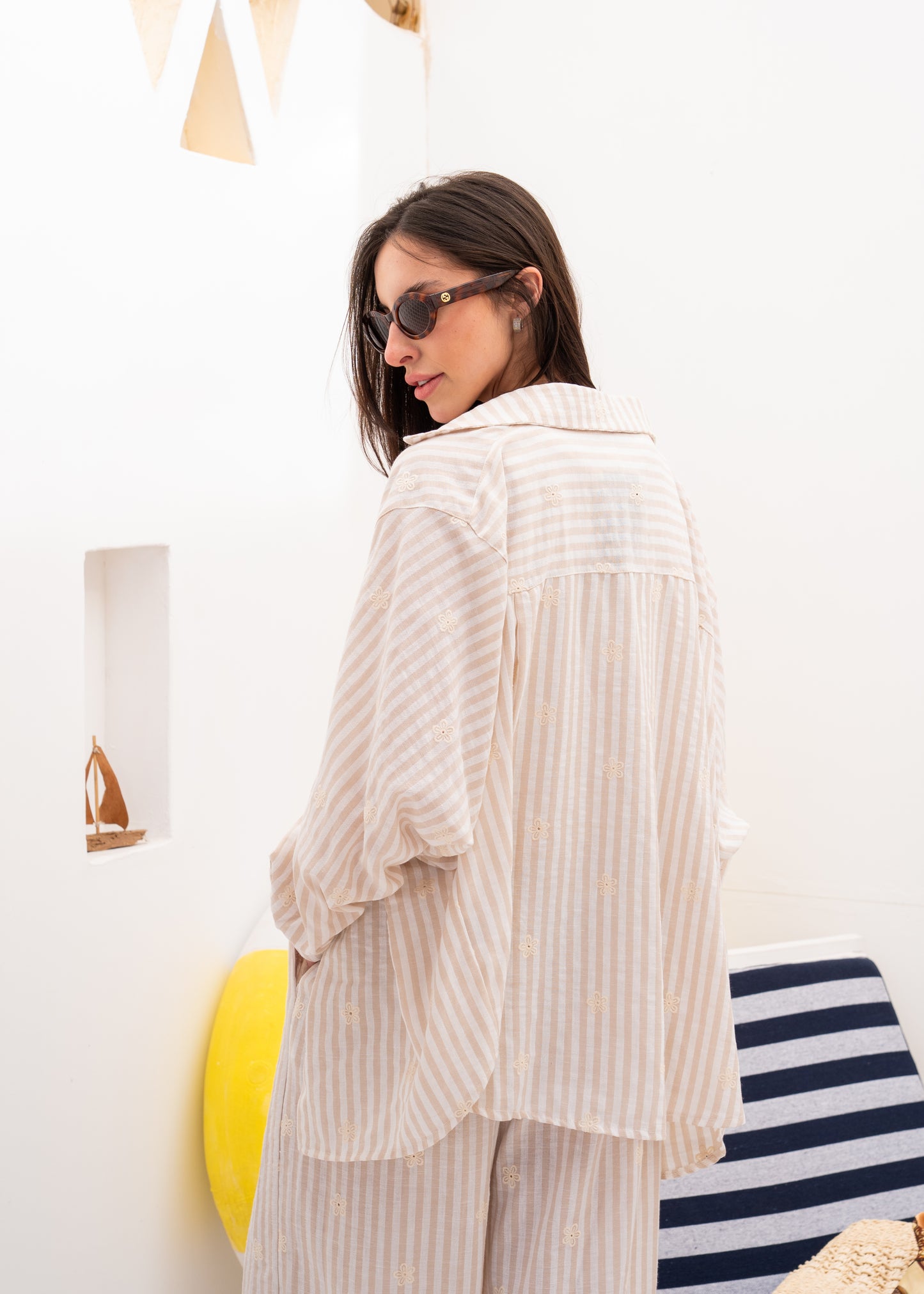 linen stripe set with embriodery