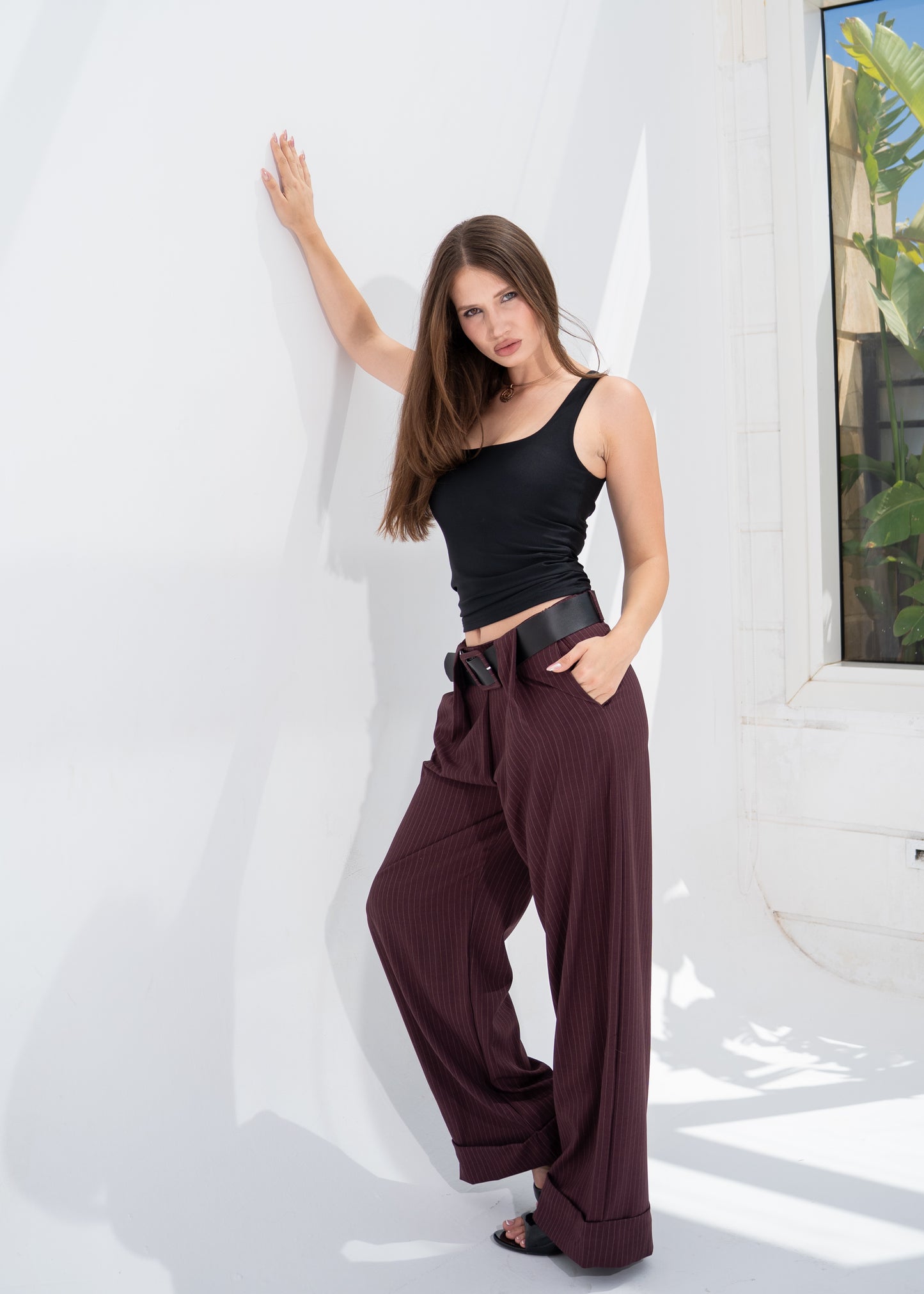 Wide-Leg Tailored Pants (Belt Included )