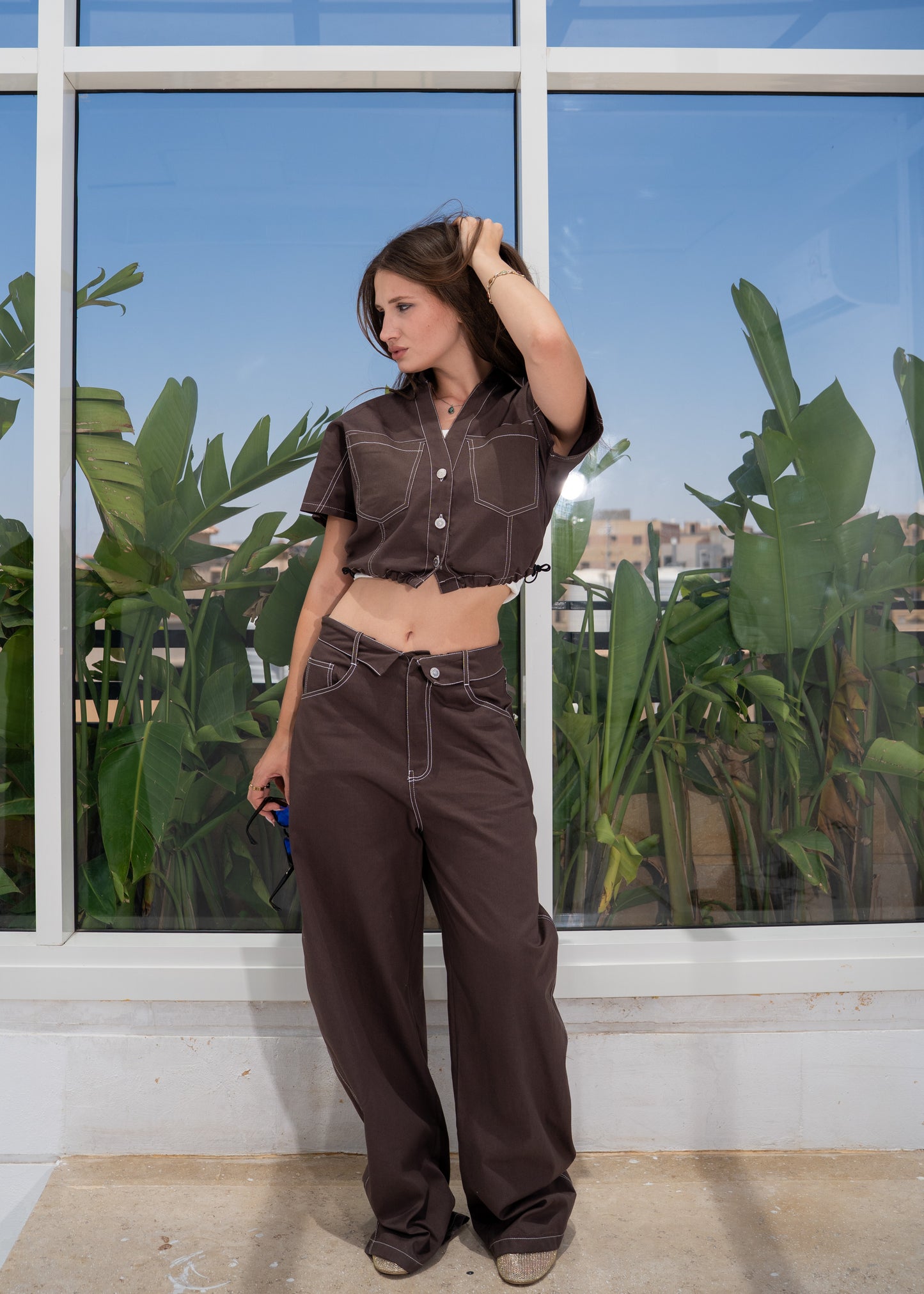 Contrast Stitching Gabardine Set