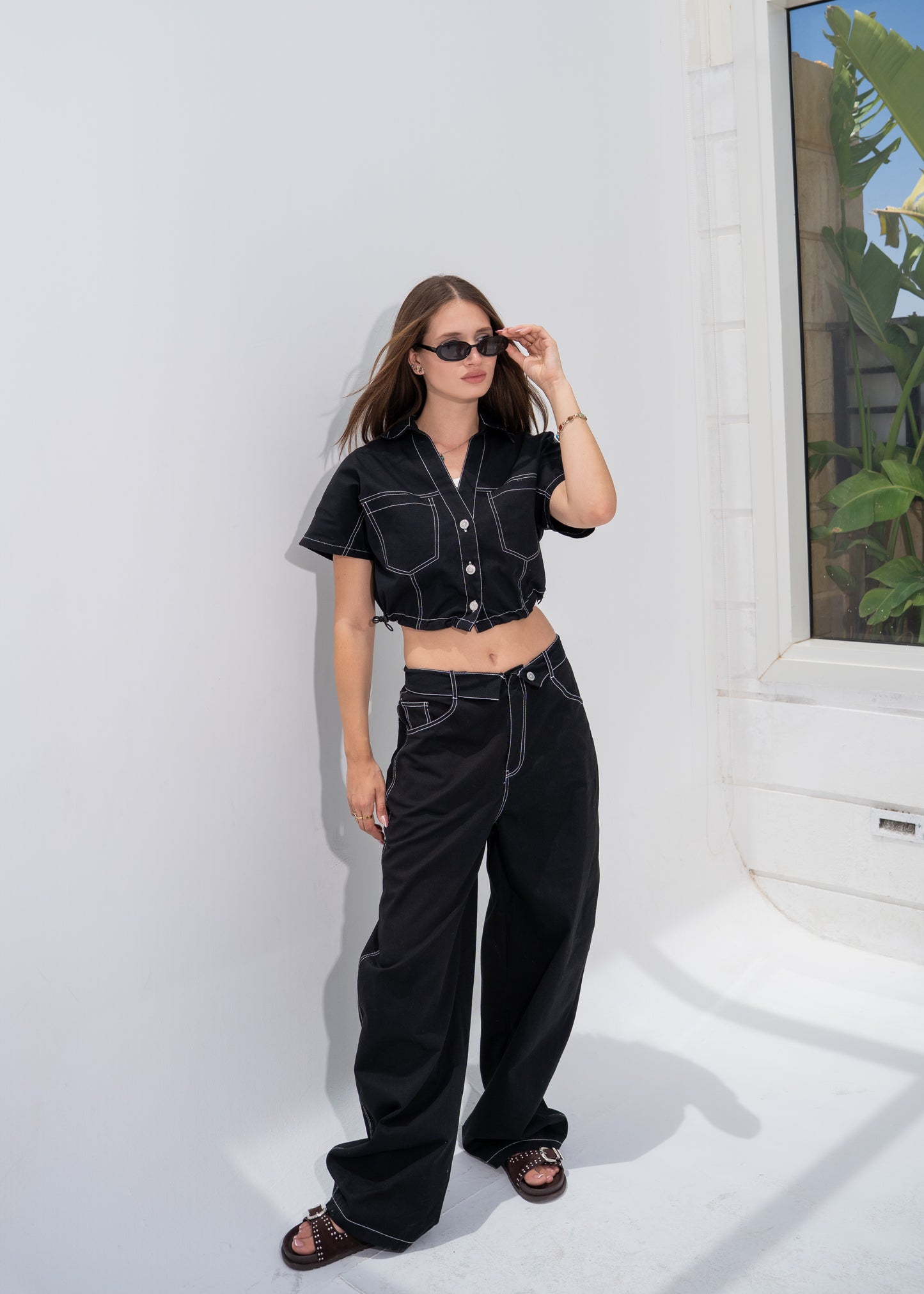 Contrast Stitching Gabardine Set