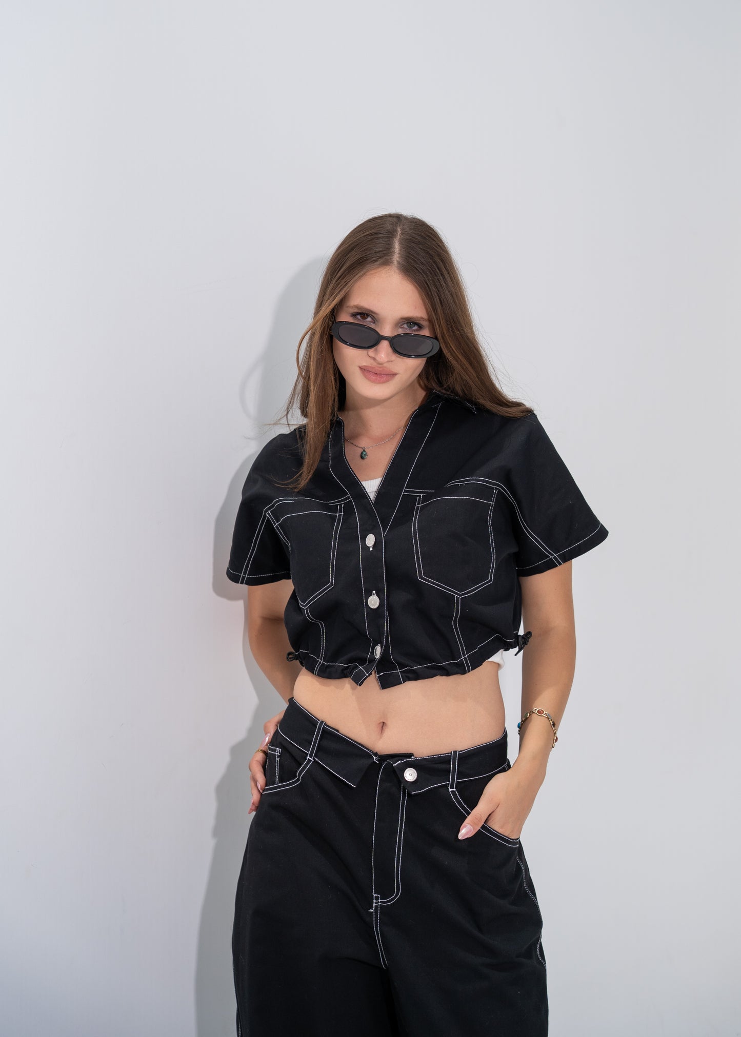 Contrast Stitching Gabardine Set