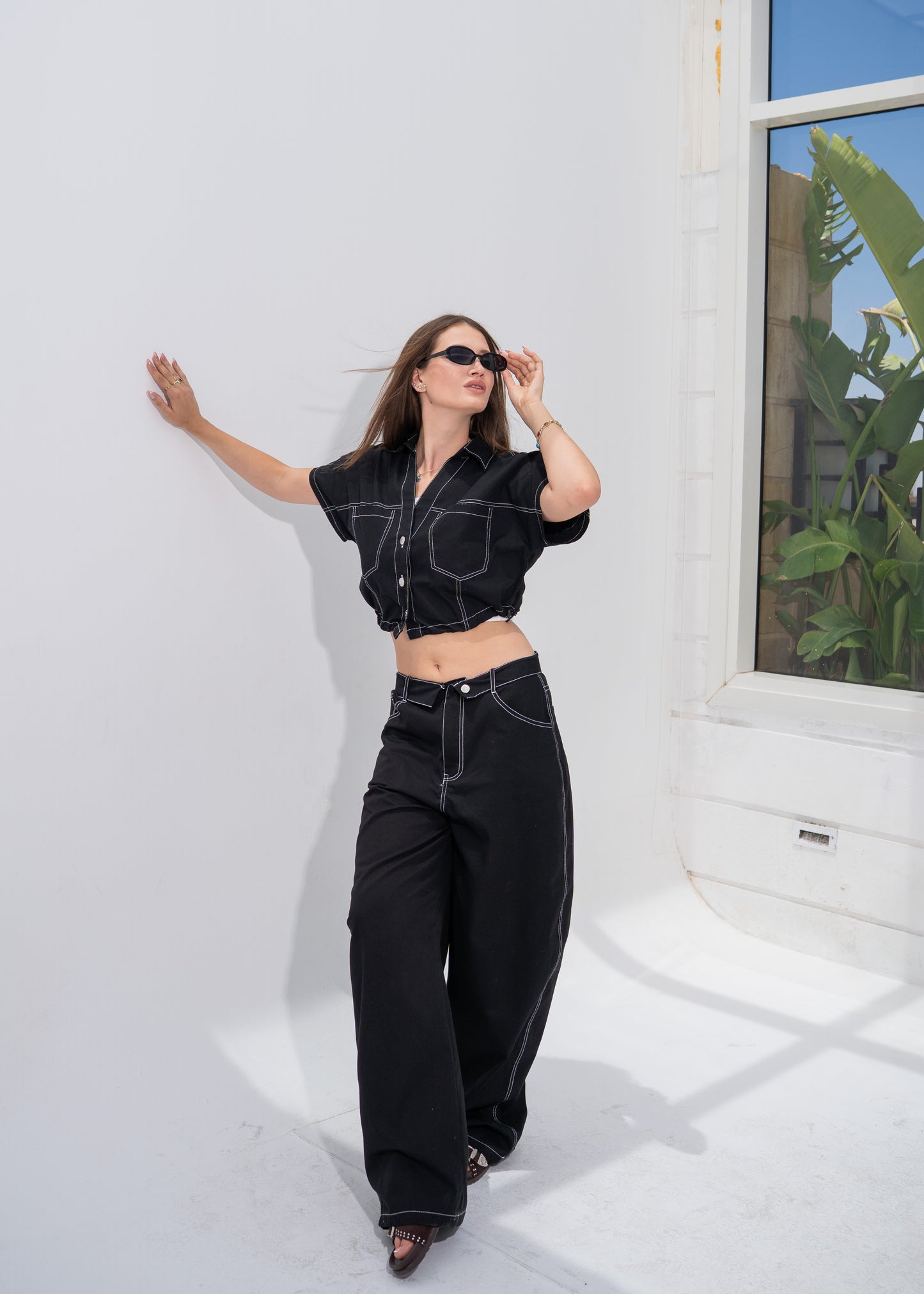 Contrast Stitching Gabardine Set