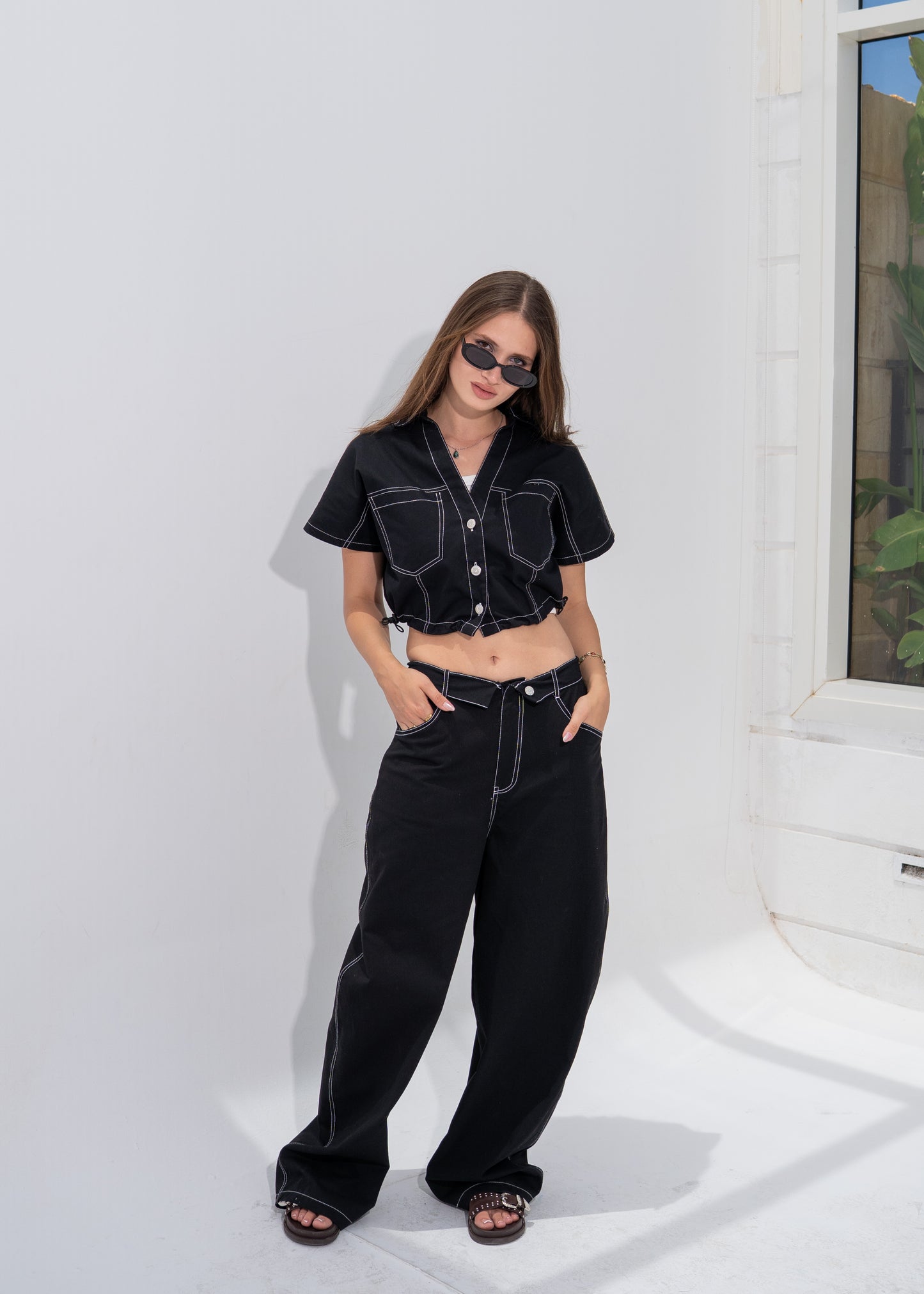 Contrast Stitching Gabardine Set