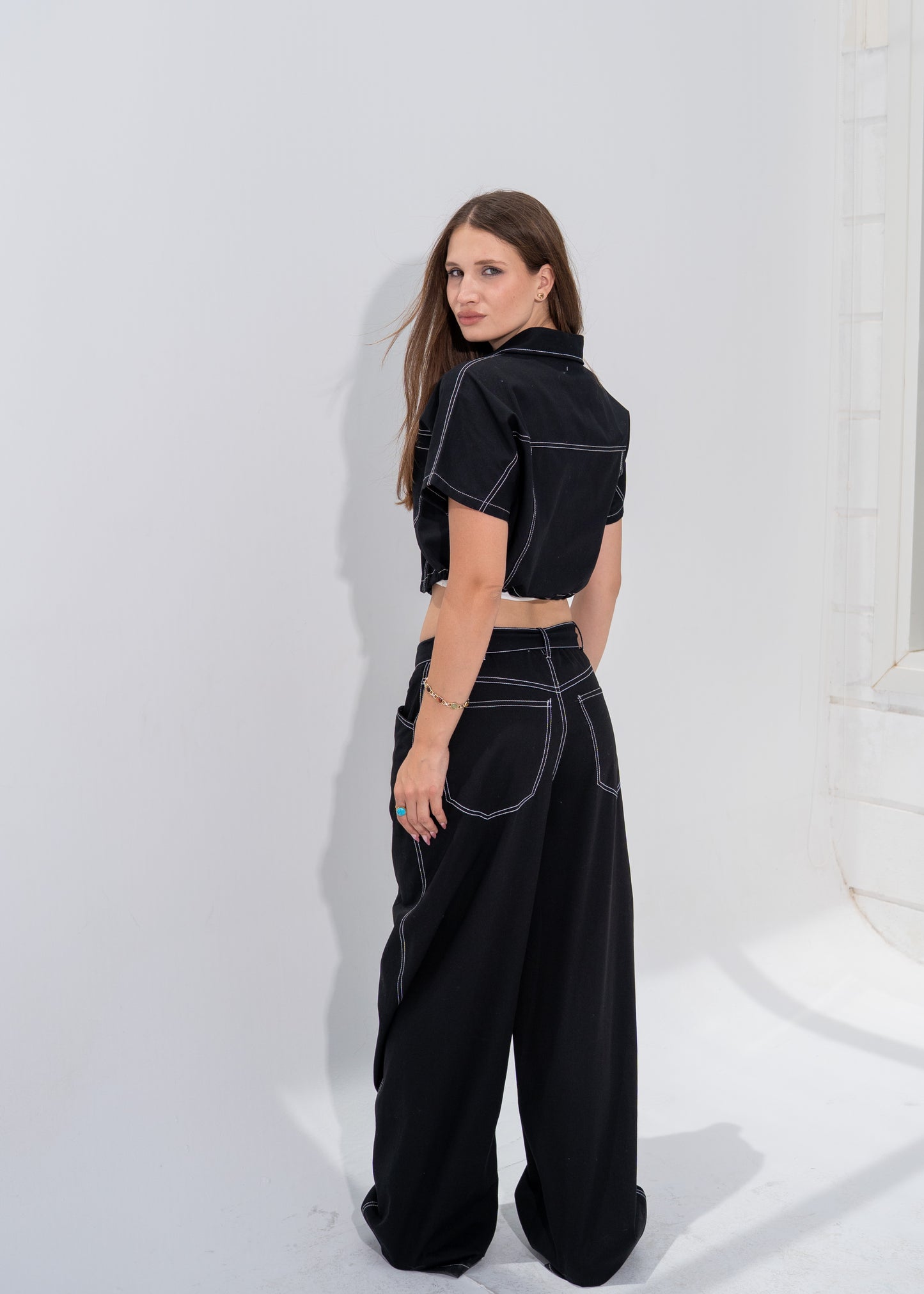 Contrast Stitching Gabardine Set