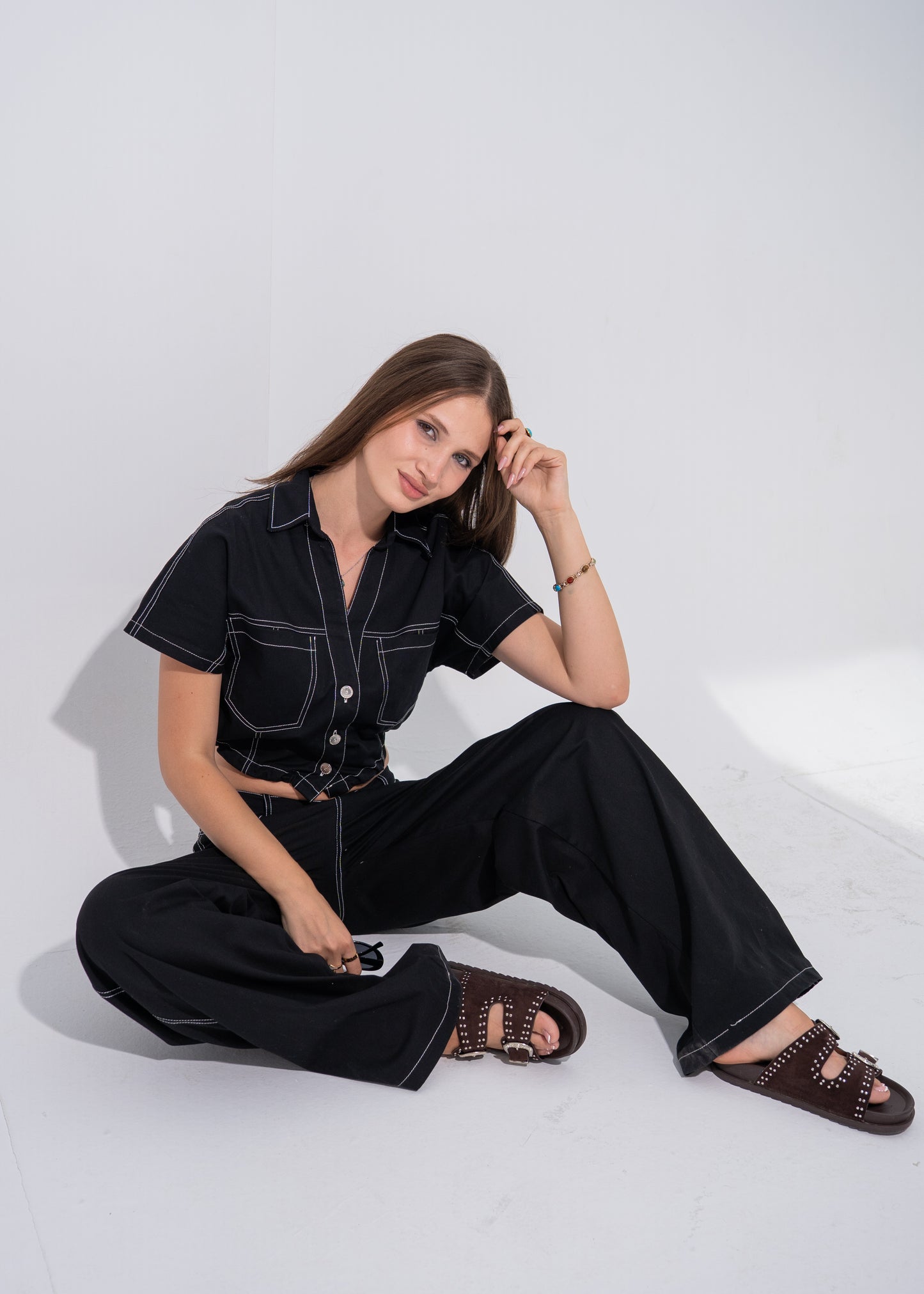 Contrast Stitching Gabardine Set