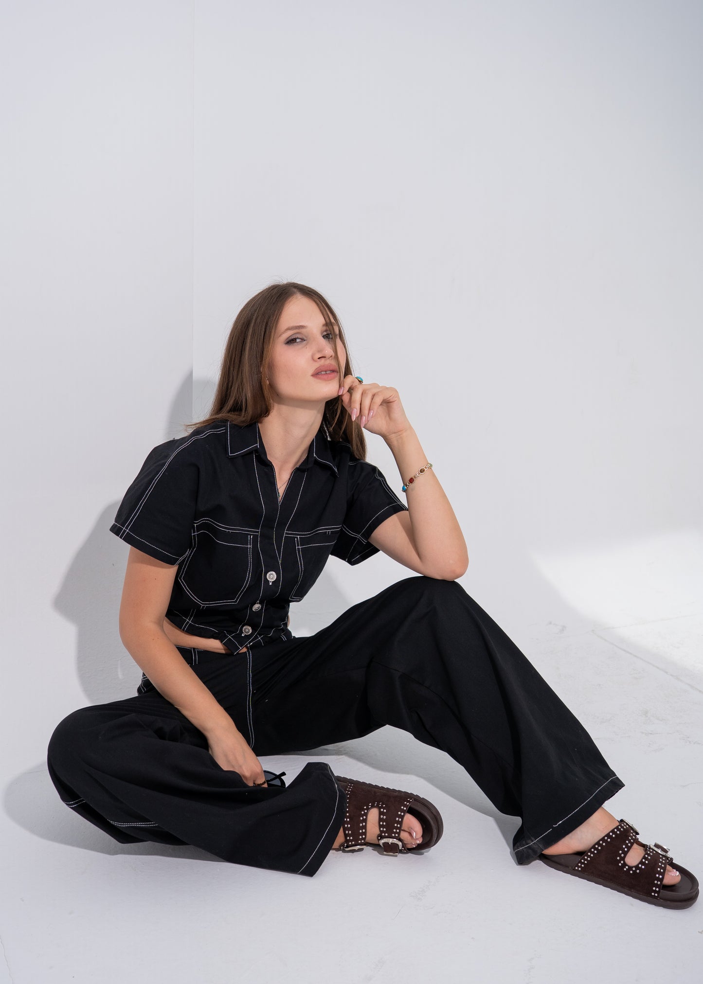 Contrast Stitching Gabardine Set