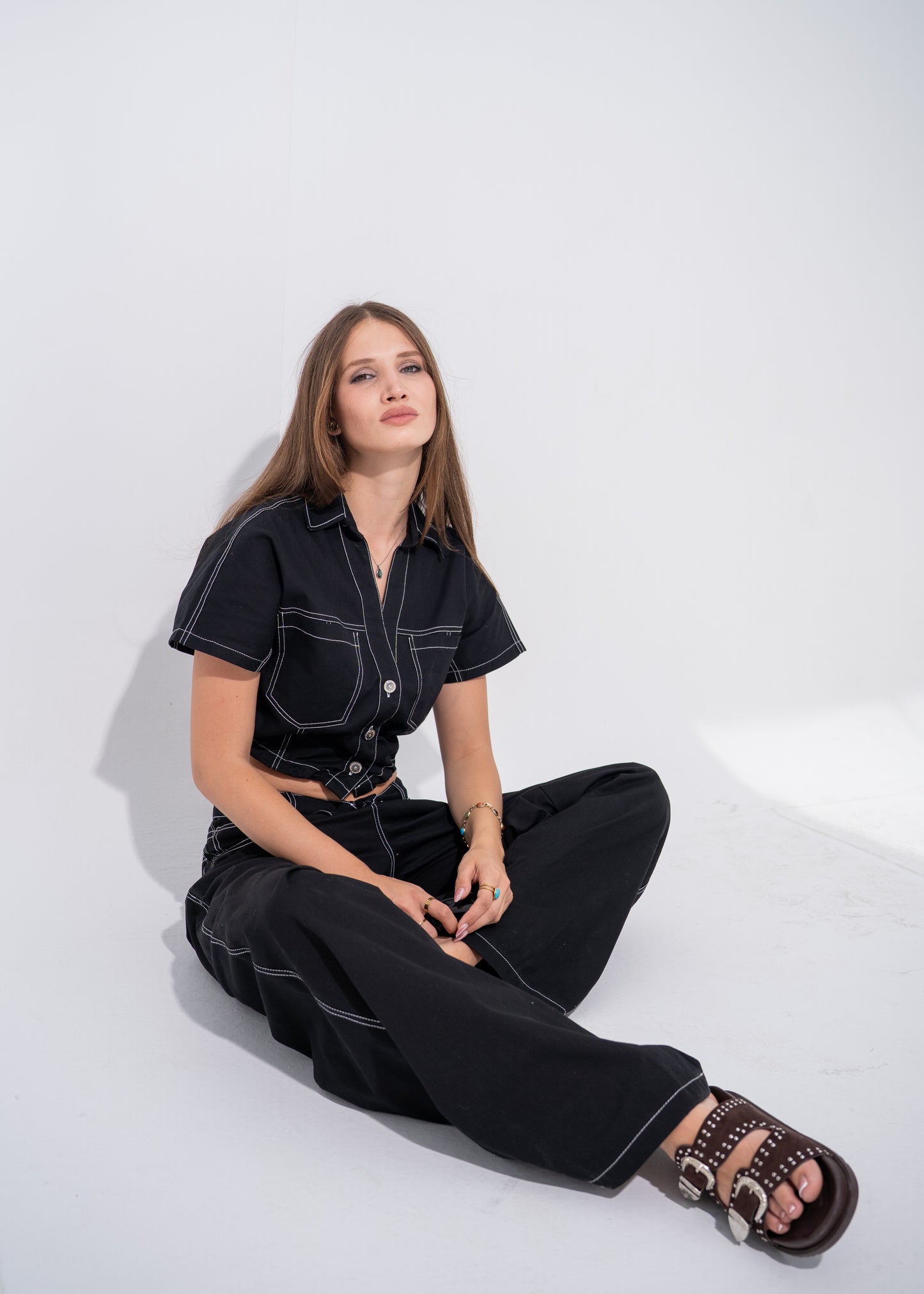 Contrast Stitching Gabardine Set