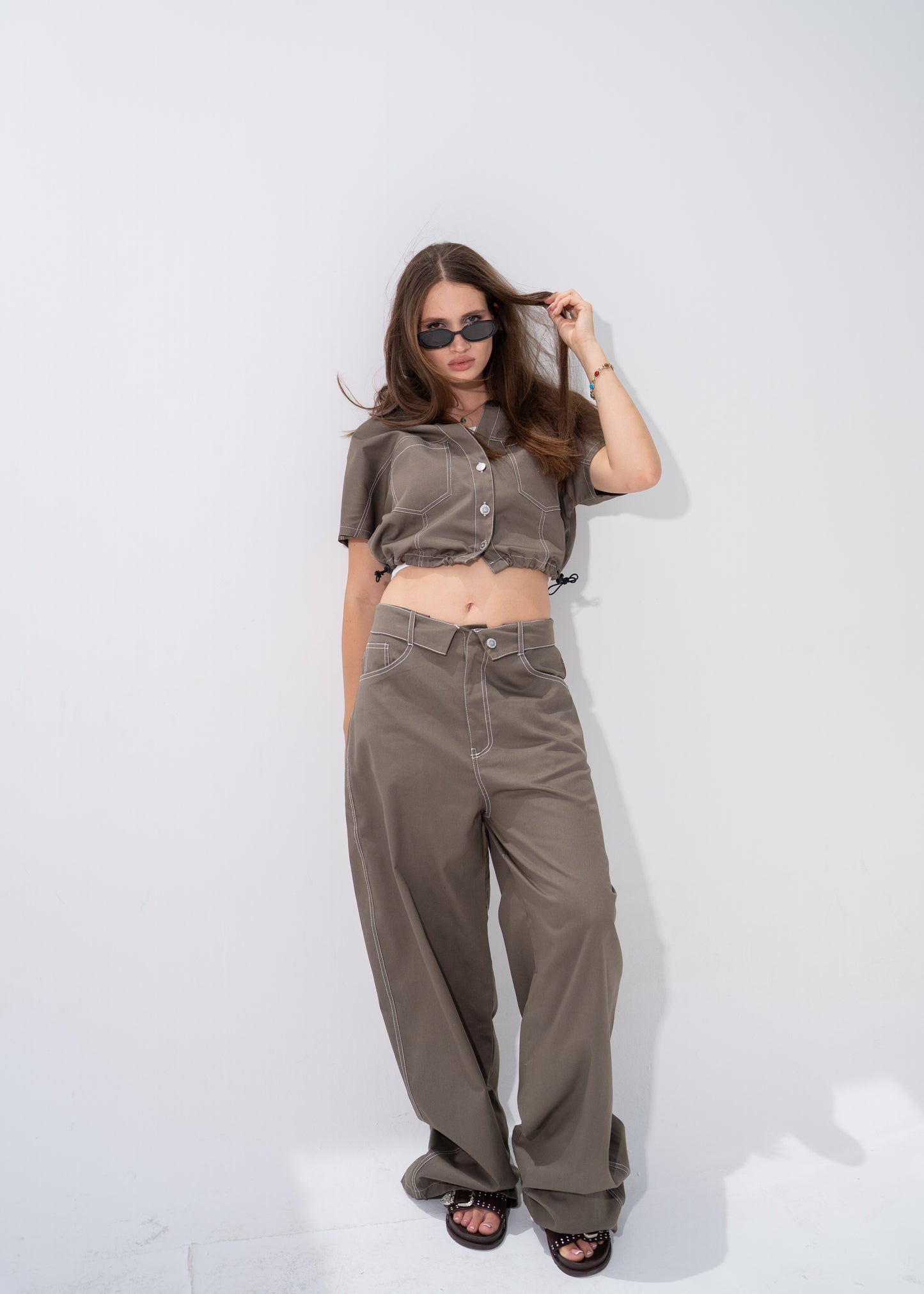 Contrast Stitching Gabardine Set