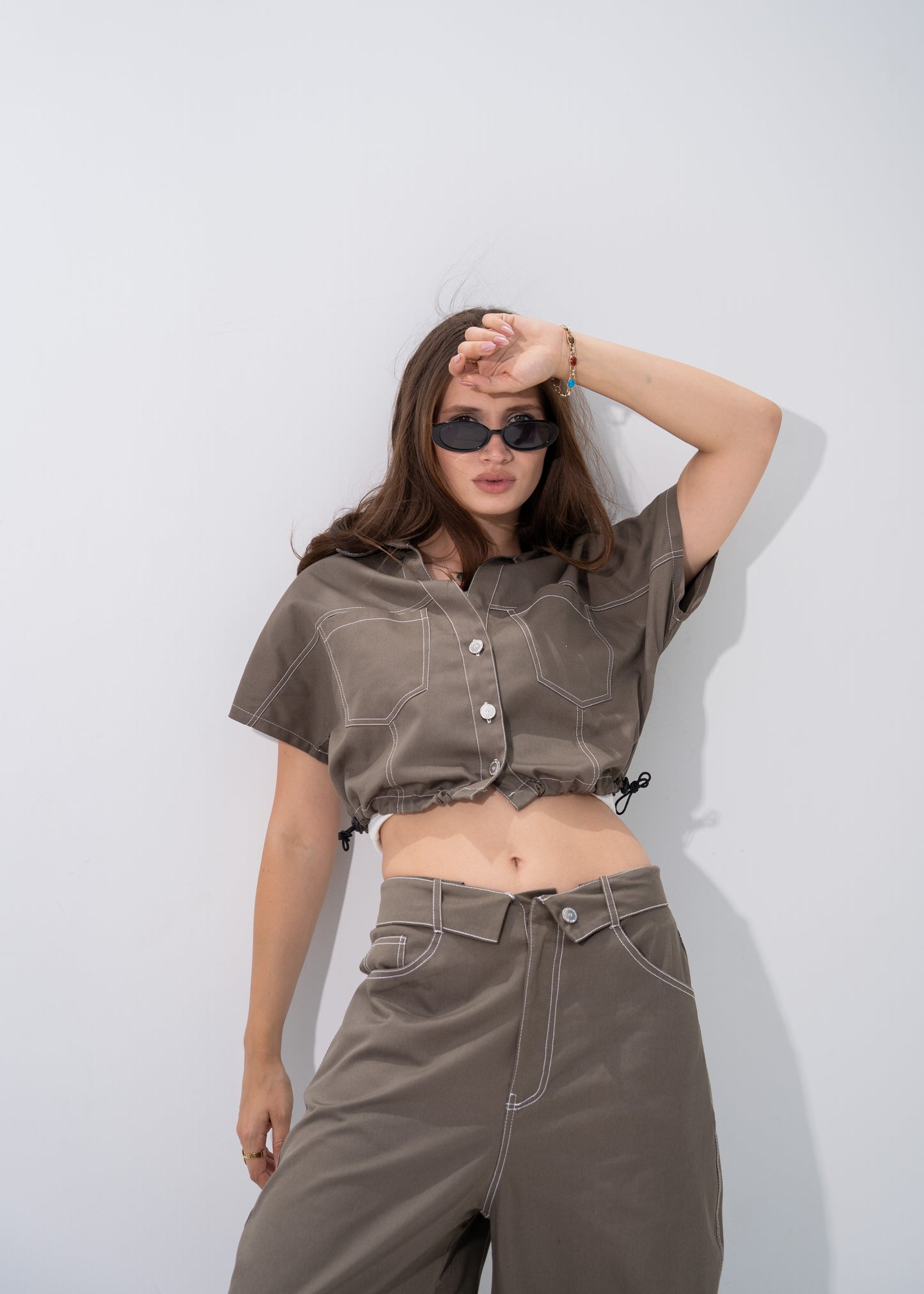 Contrast Stitching Gabardine Set