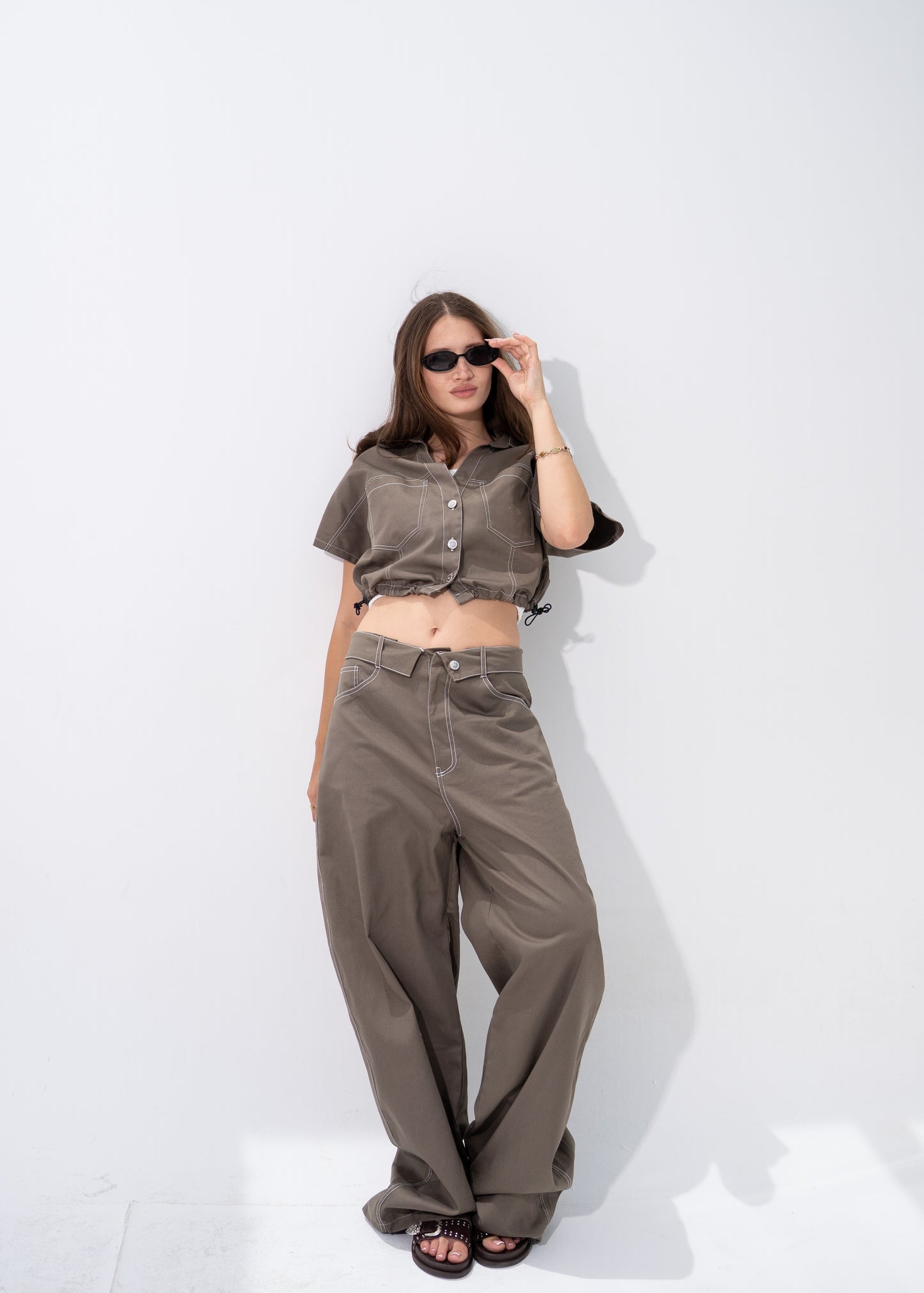 Contrast Stitching Gabardine Set