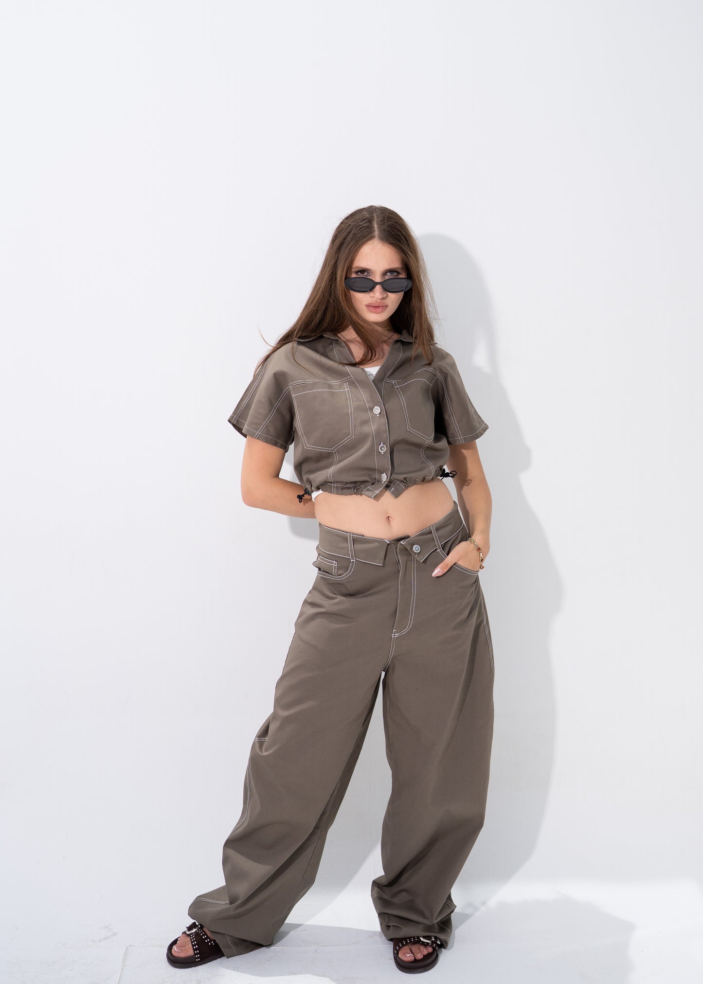 Contrast Stitching Gabardine Set
