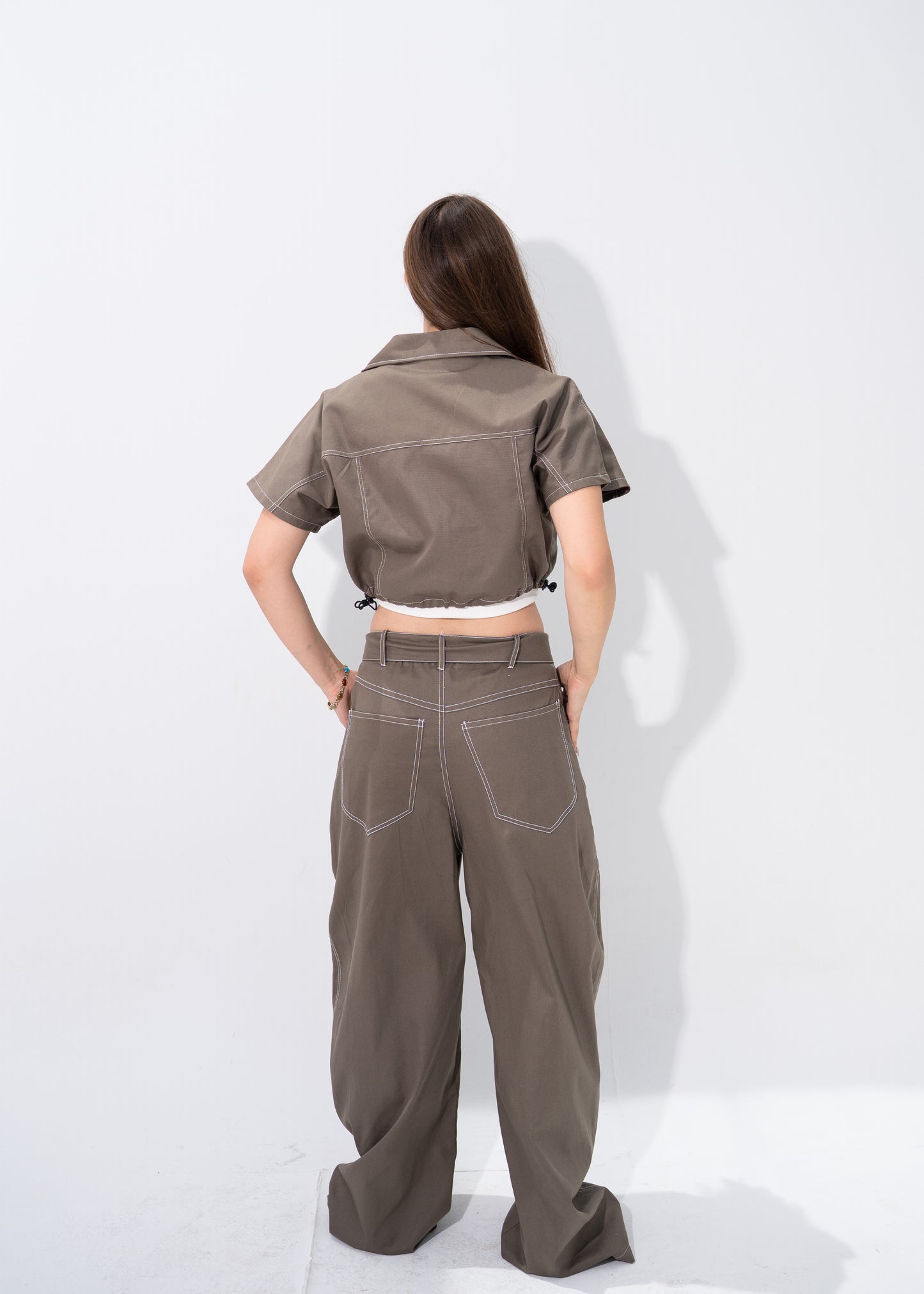 Contrast Stitching Gabardine Set