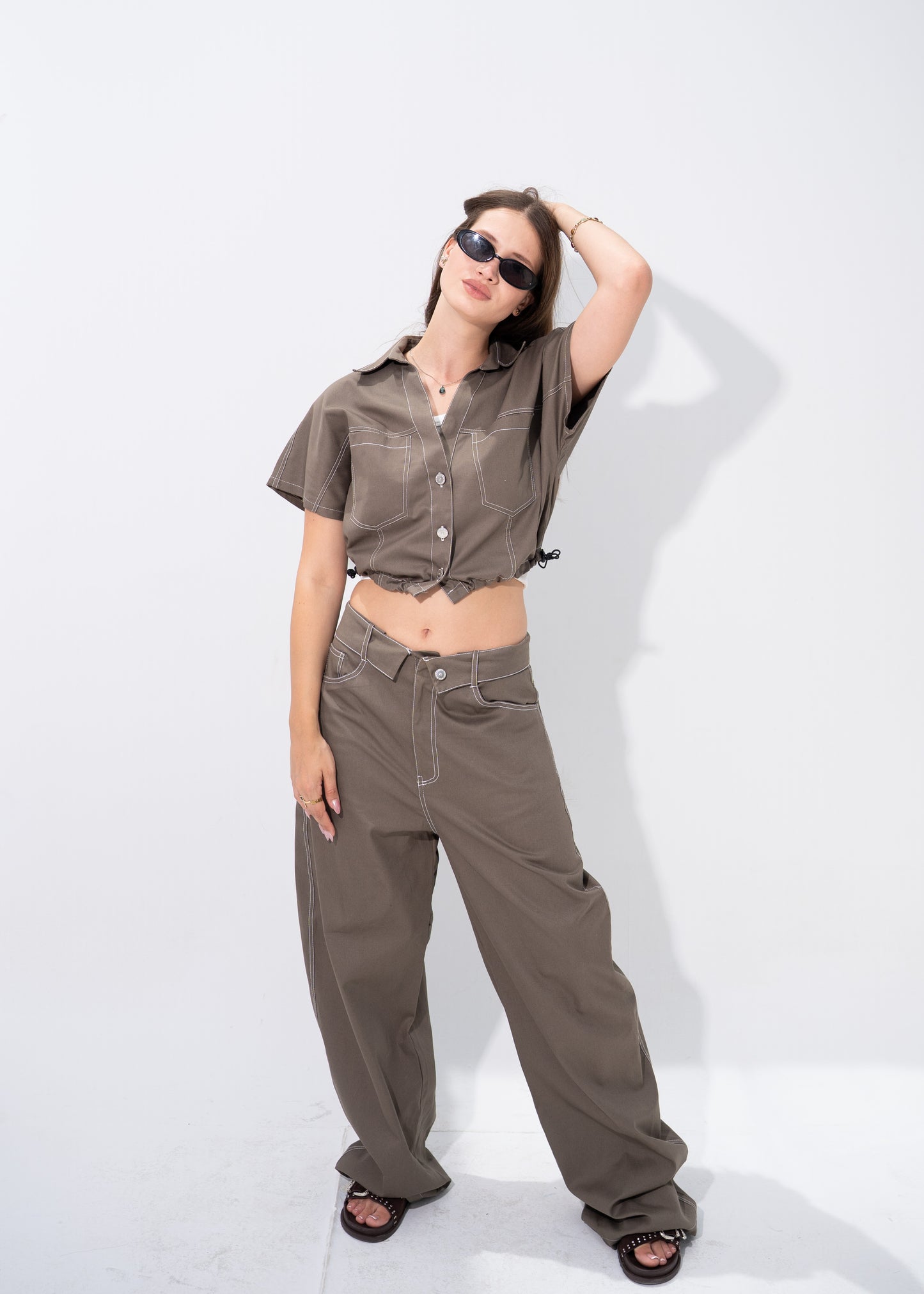 Contrast Stitching Gabardine Set