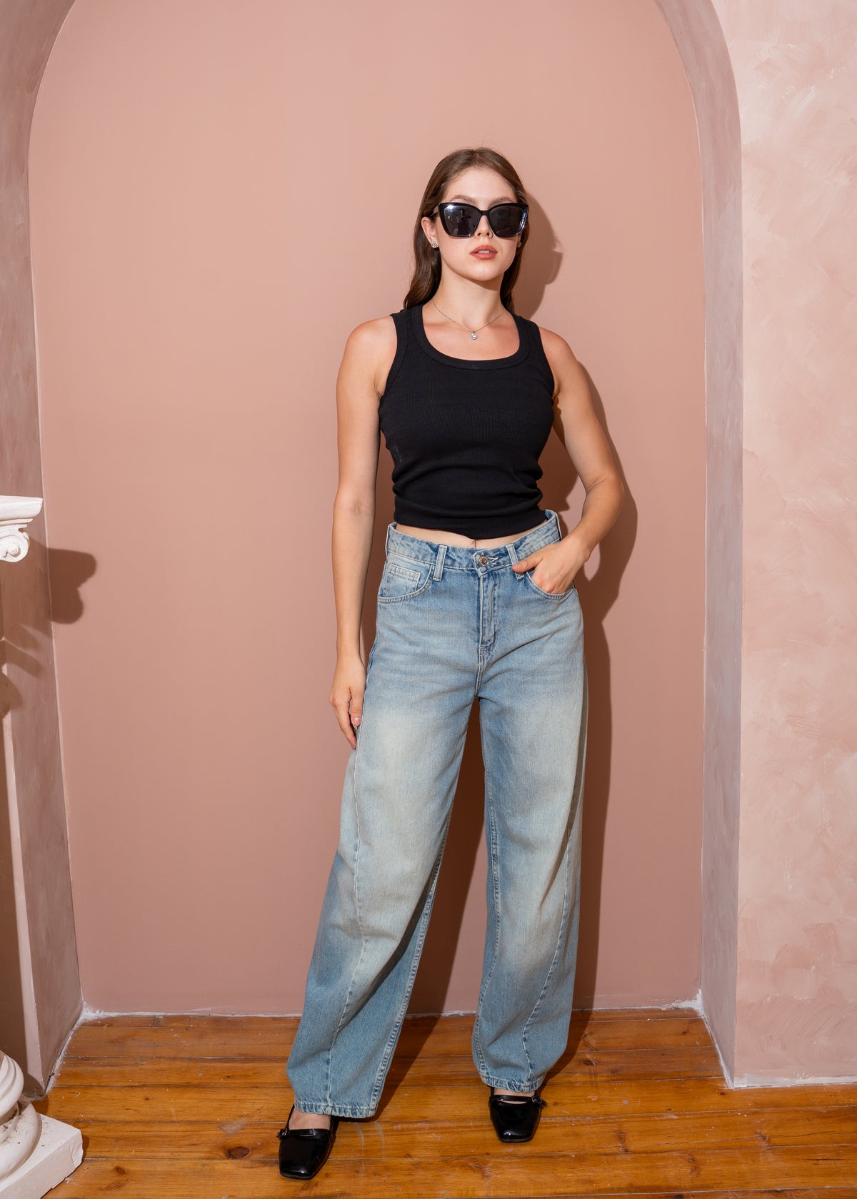 asymmetric wide jeans