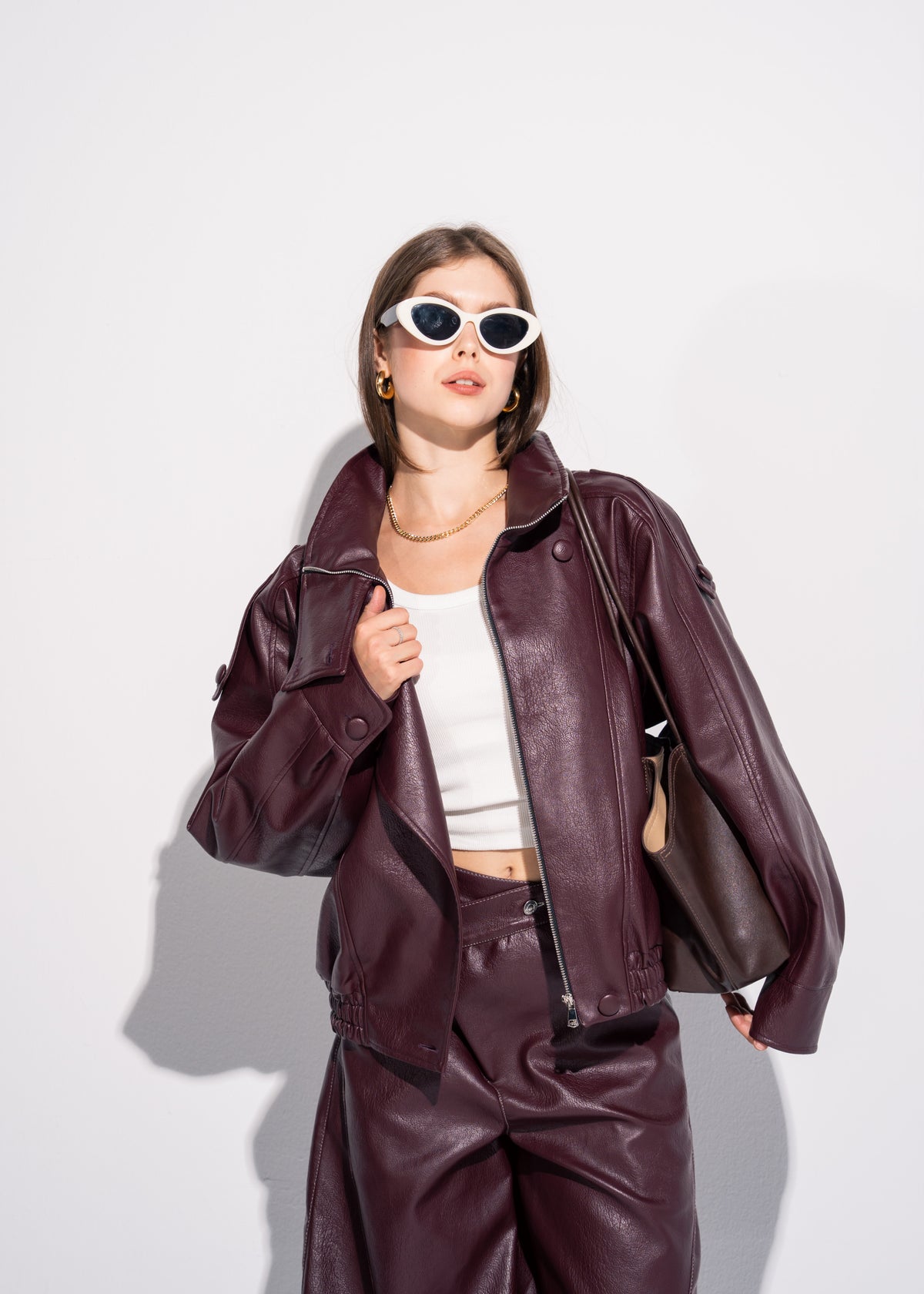 Funnel Neck Leather Effect Jacket