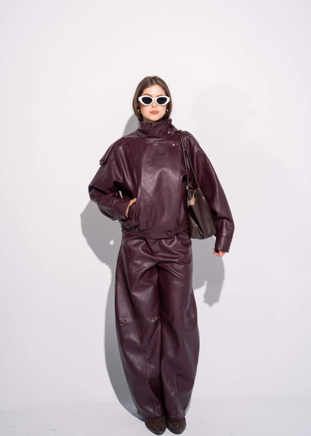 Funnel Neck Leather Effect Jacket