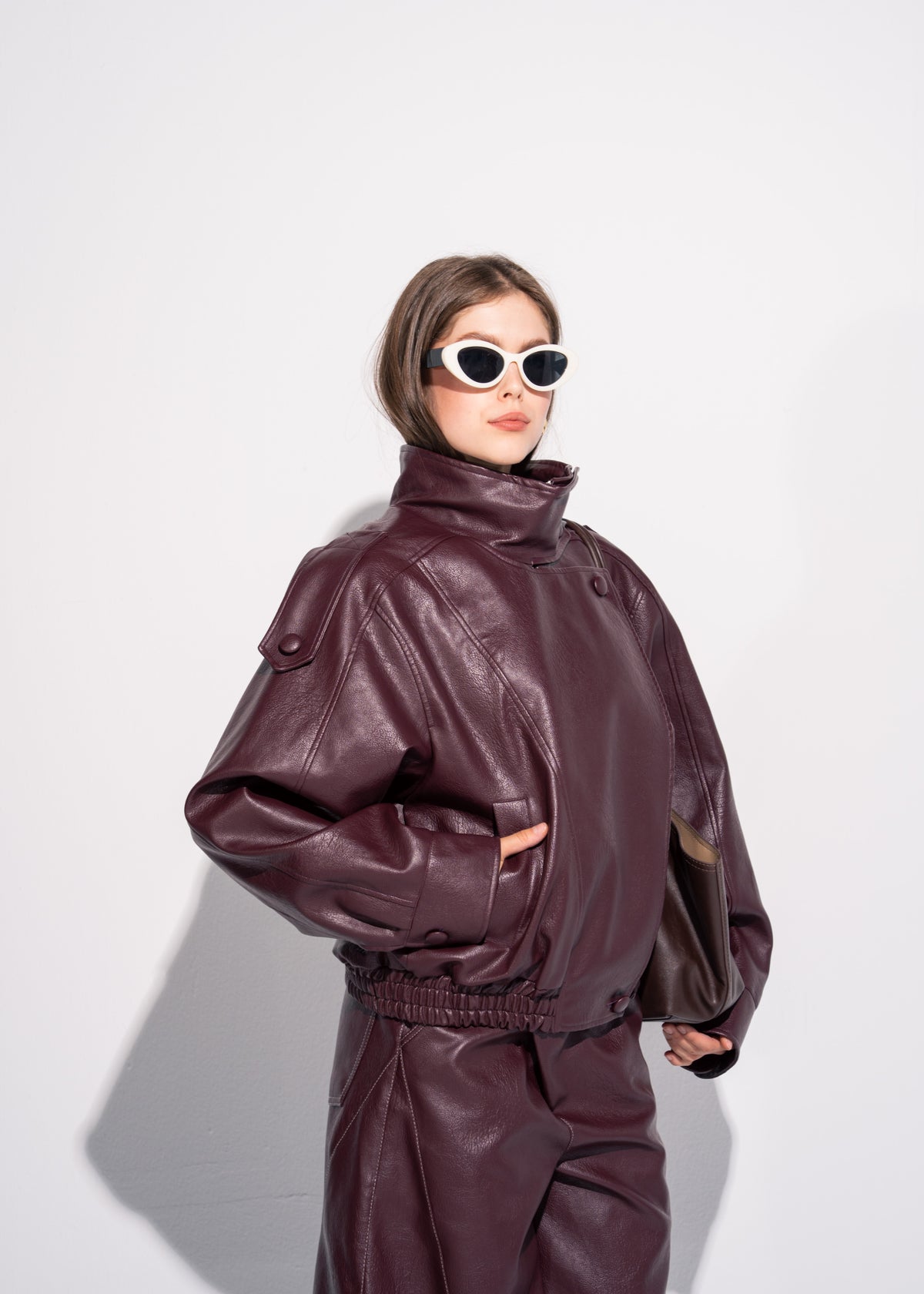 Funnel Neck Leather Effect Jacket