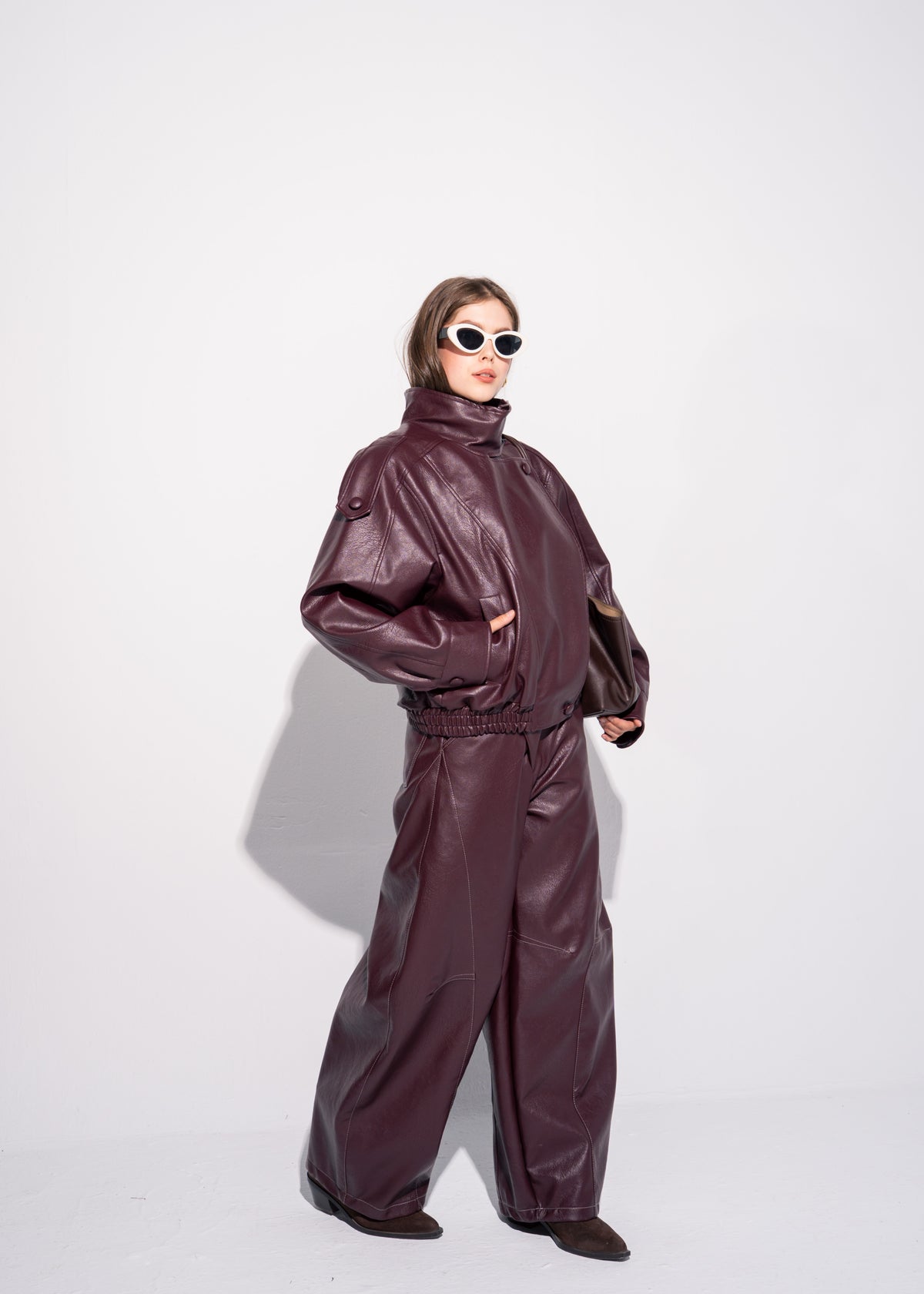 Funnel Neck Leather Effect Jacket