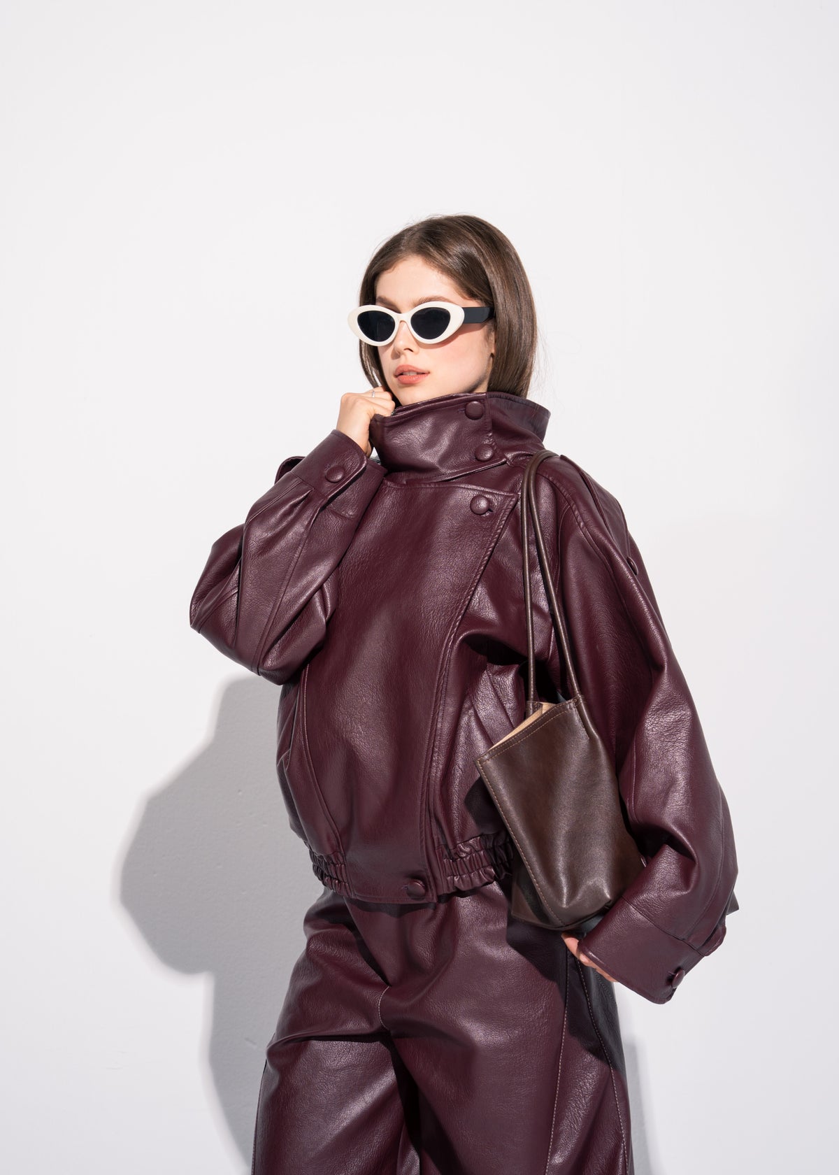 Funnel Neck Leather Effect Jacket