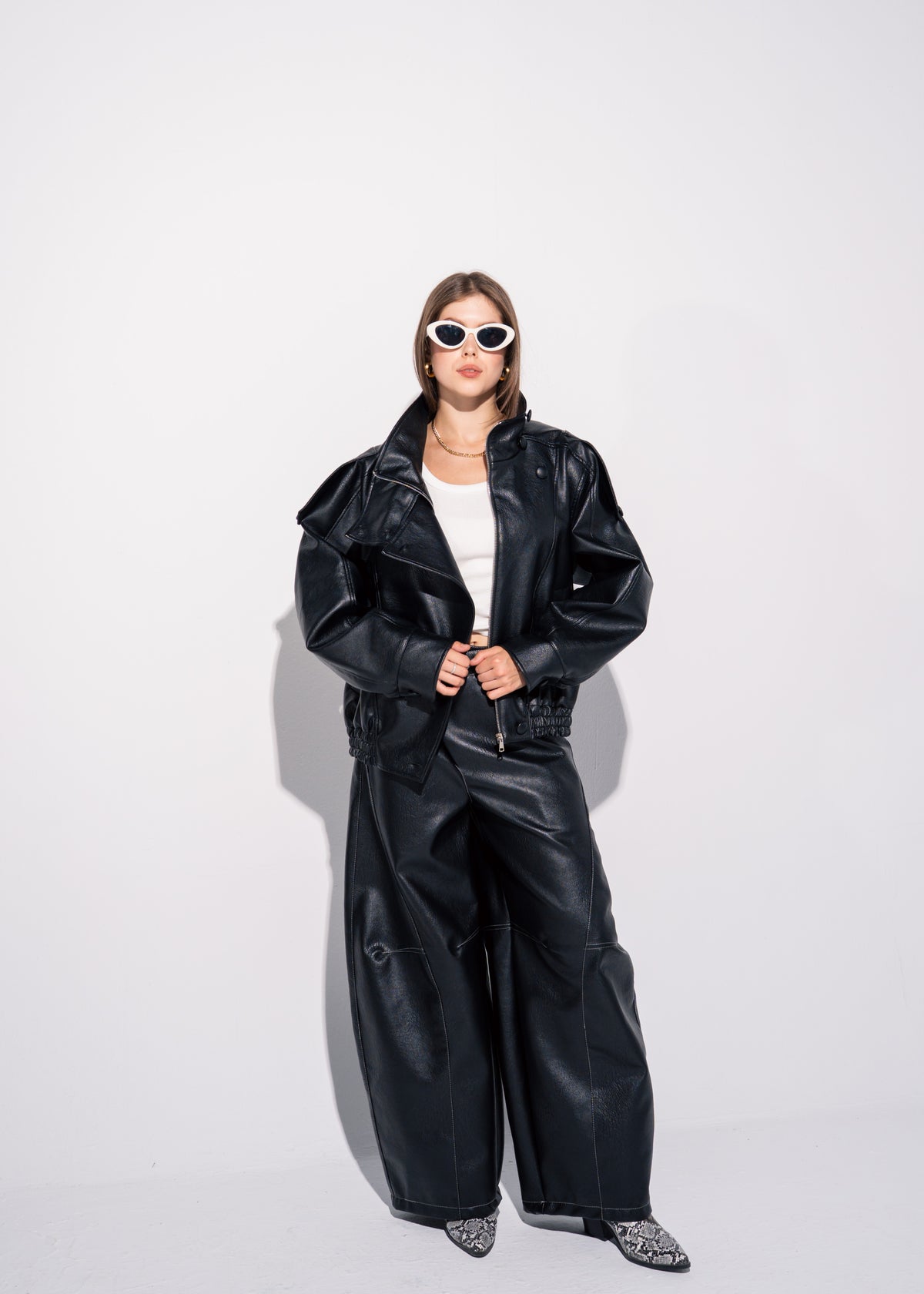 Funnel Neck Leather Effect Jacket