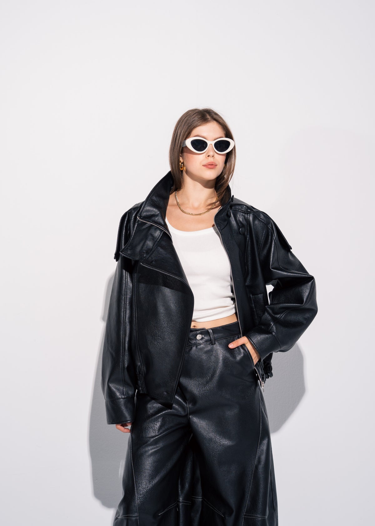 Funnel Neck Leather Effect Jacket