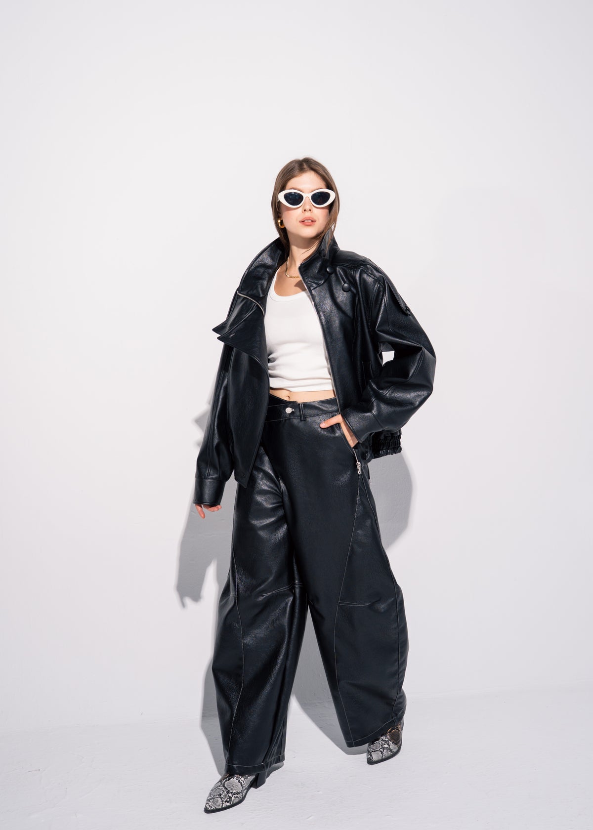 Funnel Neck Leather Effect Jacket