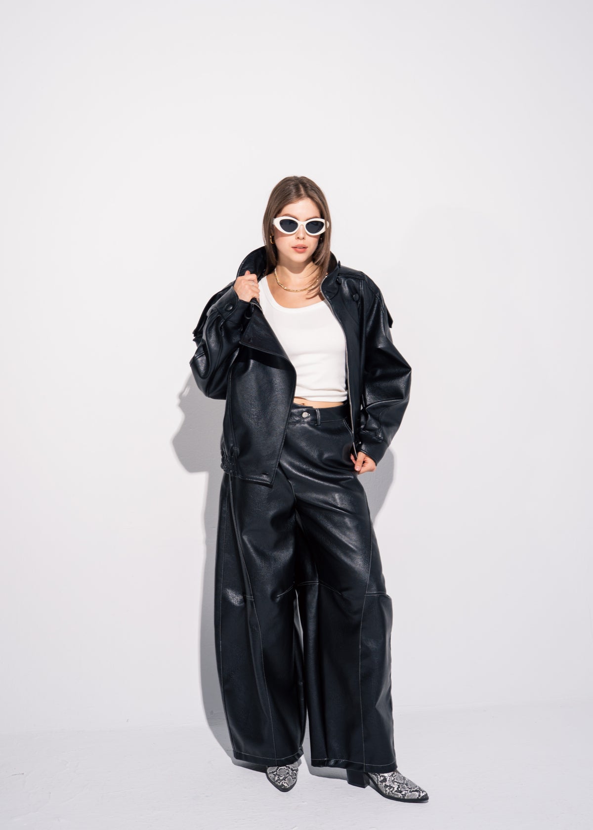 Funnel Neck Leather Effect Jacket