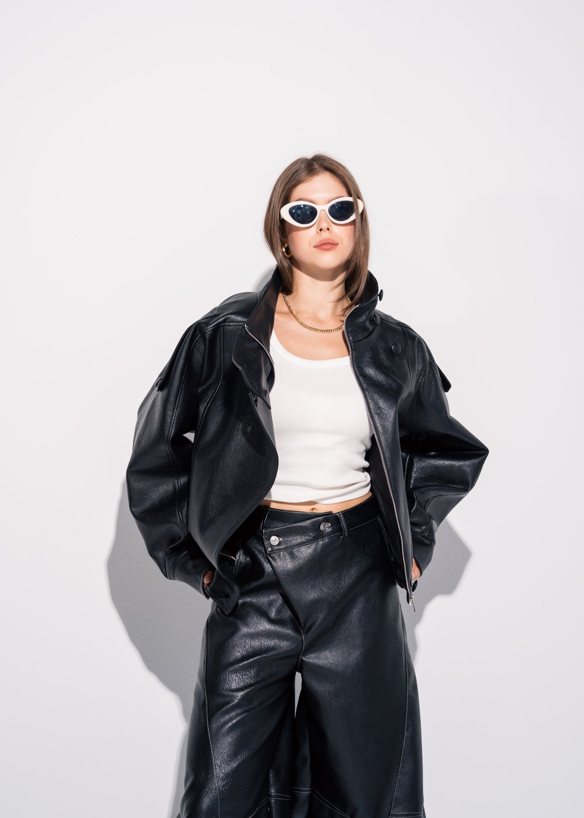 Funnel Neck Leather Effect Jacket