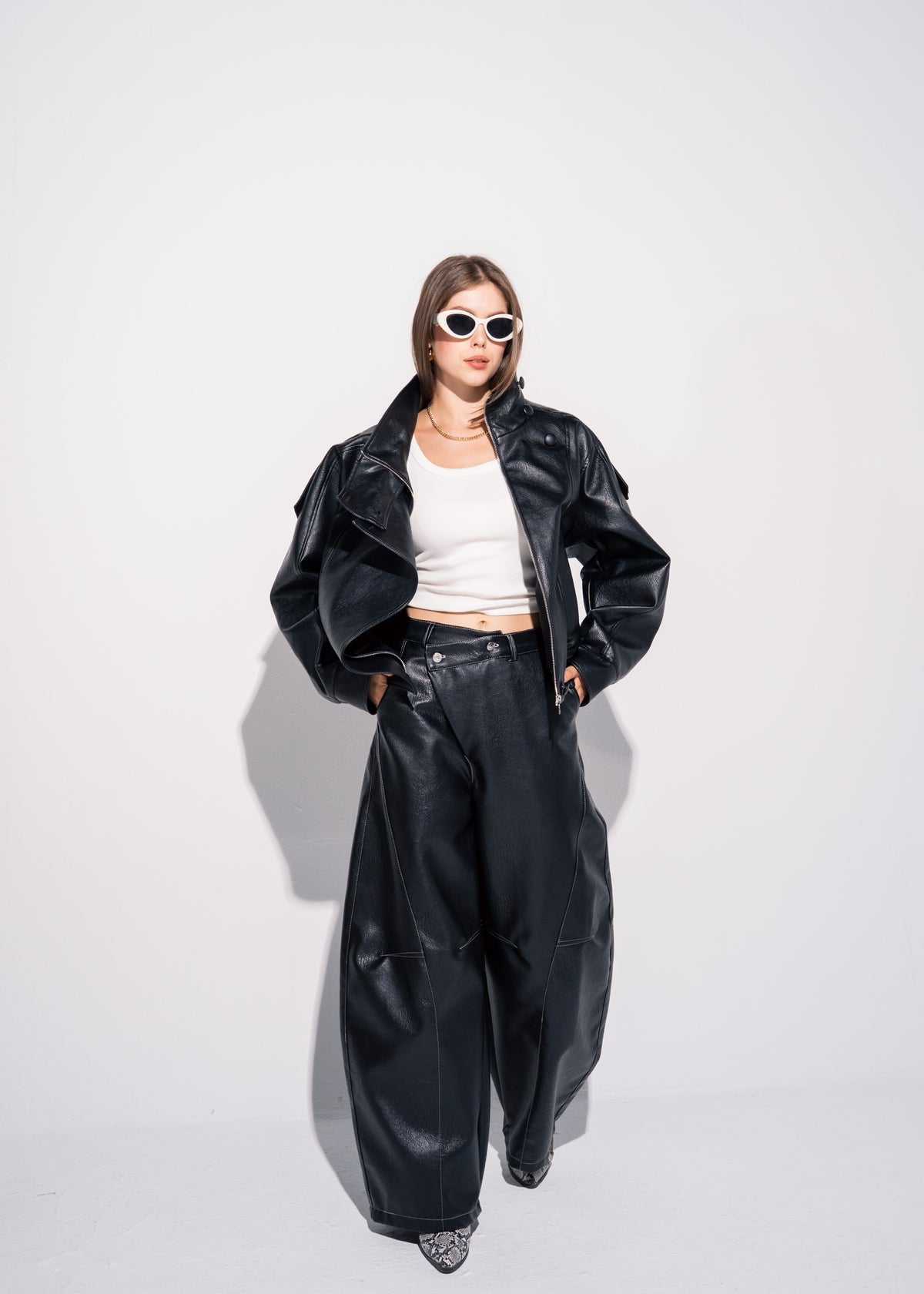 Funnel Neck Leather Effect Jacket