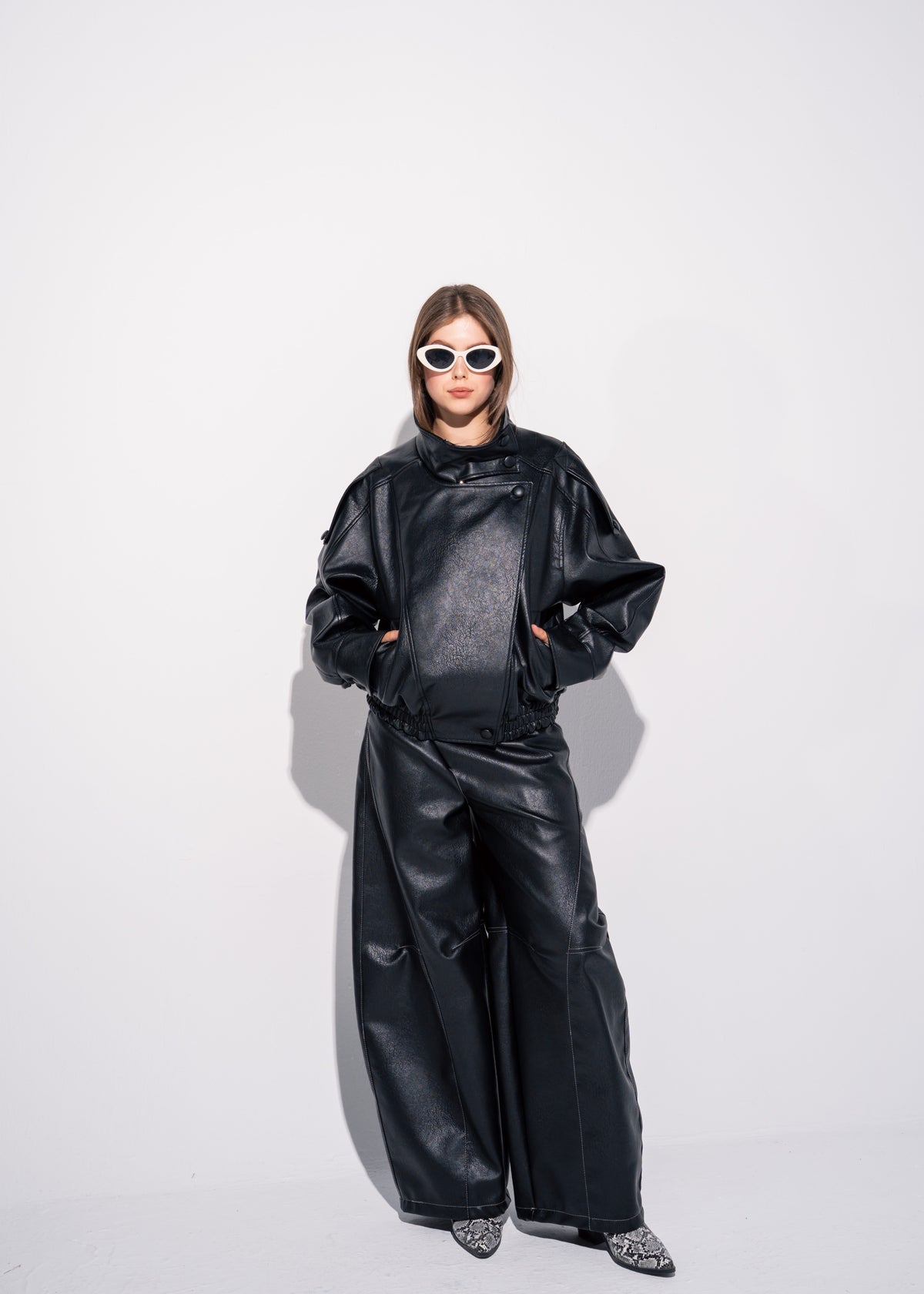 Funnel Neck Leather Effect Jacket