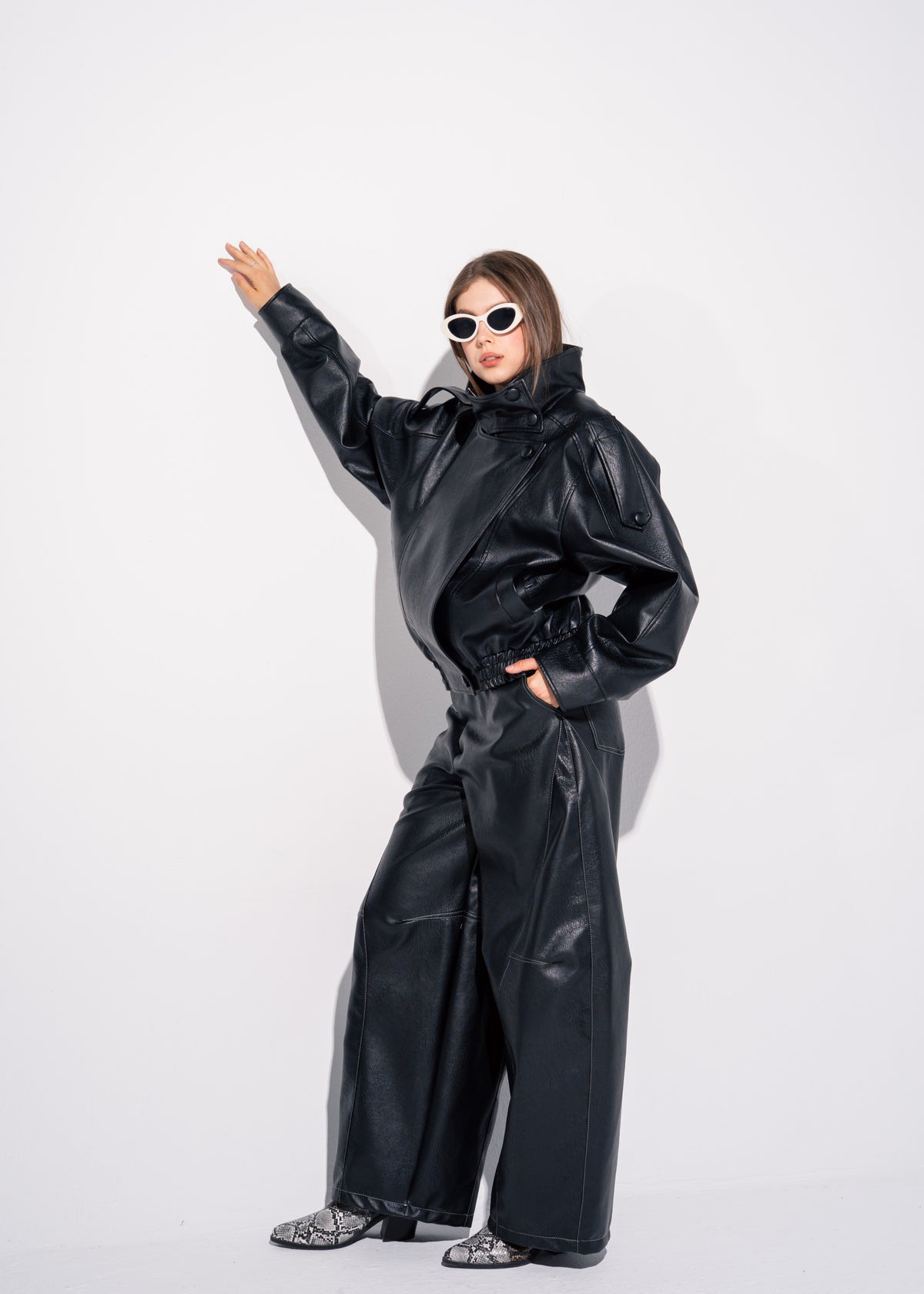 Funnel Neck Leather Effect Jacket