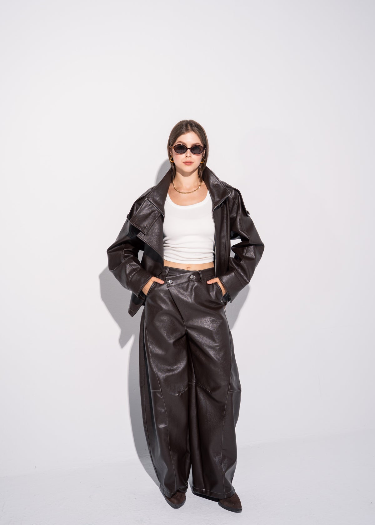 Funnel Neck Leather Effect Jacket